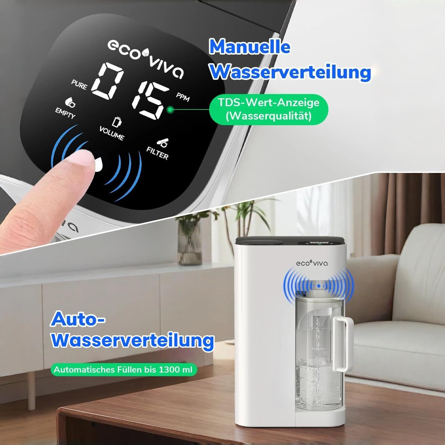 Ecoviva Wasserfilter MATE3 Auftisch Osmoseanlage ohne Installation inkl. Glaskaraffe, 8-Stufen Filtration, Echtzeit-TDS, 3:1 Reinwasser, 5 Liter Wassertank