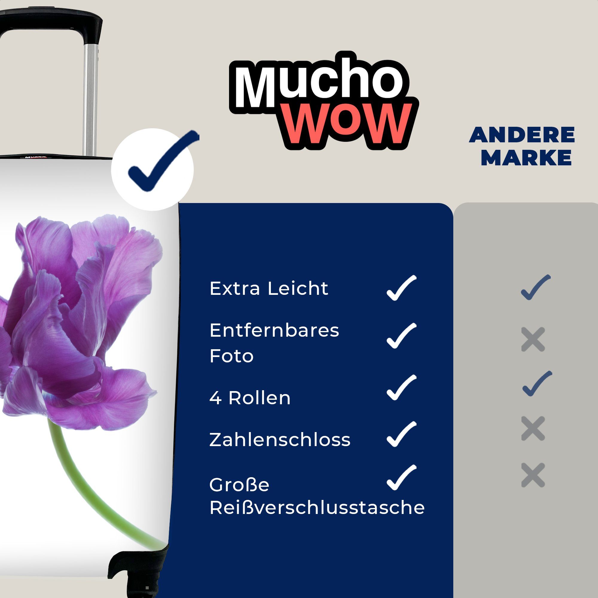 MuchoWow Handgepäckkoffer Lila Tulpe mit Trolley, Reisekoffer 4 rollen, für Ferien, Hintergrund, Rollen, weißem Reisetasche auf Handgepäck