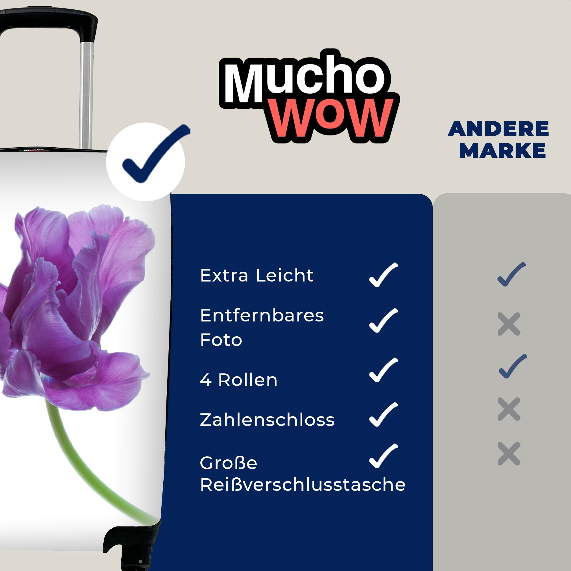 MuchoWow Handgepäckkoffer Ferien, rollen, weißem Lila auf Reisekoffer Tulpe Trolley, 4 mit Rollen, Handgepäck Hintergrund, Reisetasche für