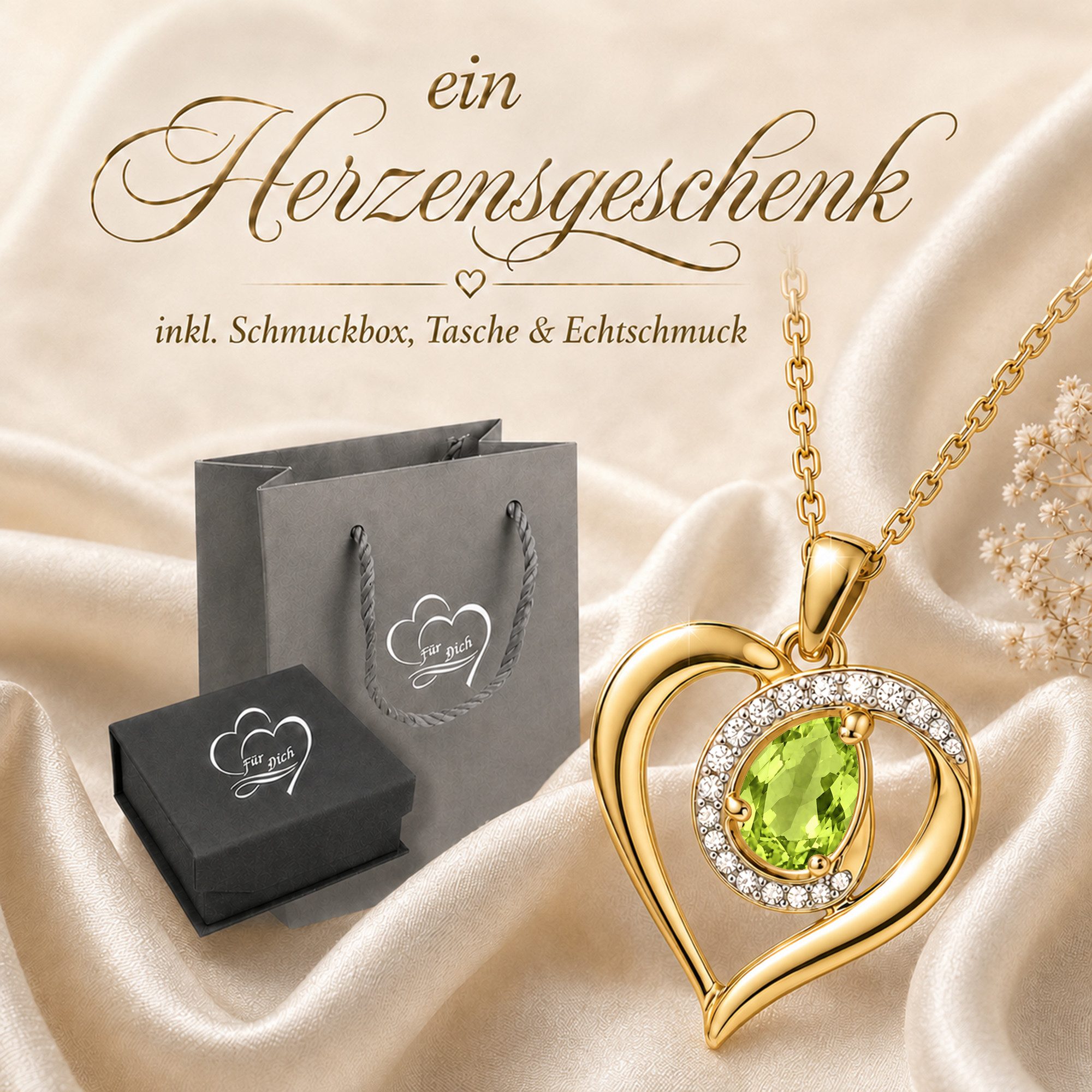 Limana Herzkette echter Edelstein Damen Kette mit Herz Anhänger 925 Silber gold (Geschenk für Frauen Freundin Schmuck inkl. Dose und Tasche), Geburtstag Weihnachten Jahrestag Hochzeitstag Valentinstag