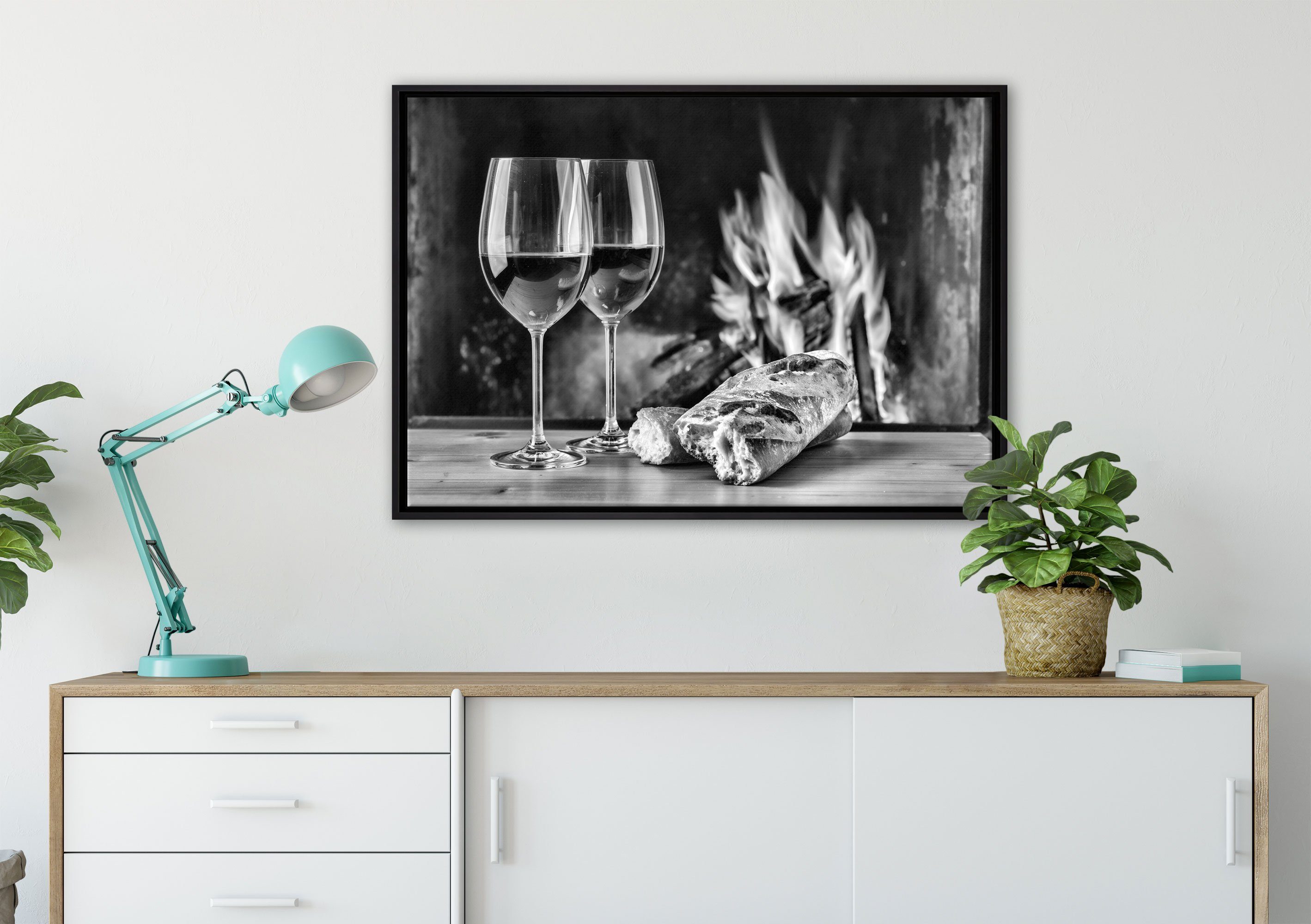 fertig bespannt, Zackenaufhänger inkl. Pixxprint Wanddekoration Baguette Wein in einem gefasst, Schattenfugen-Bilderrahmen Leinwandbild Leinwandbild (1 Alkohol, St),