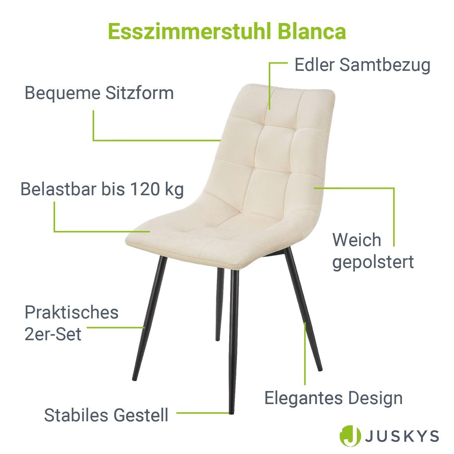 Esszimmerstuhl Beige gepolstert Blanca weich Sitzform, bequeme (2 belastbar, kg 120 St), Juskys
