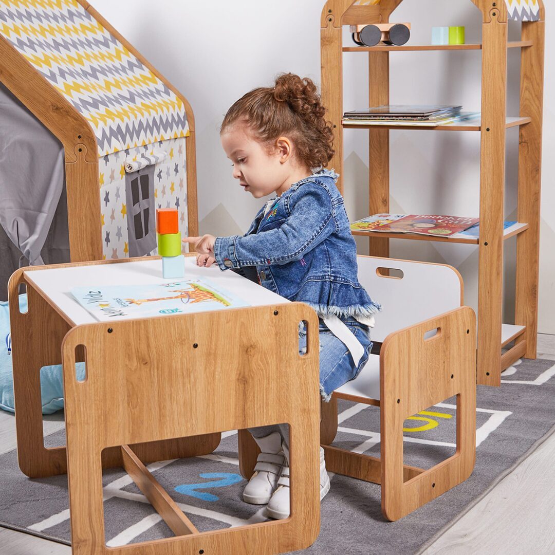 Kindersitzgruppe Montessori Kindertisch-Set: Tisch + Stuhl, Naturholz/Weiß
