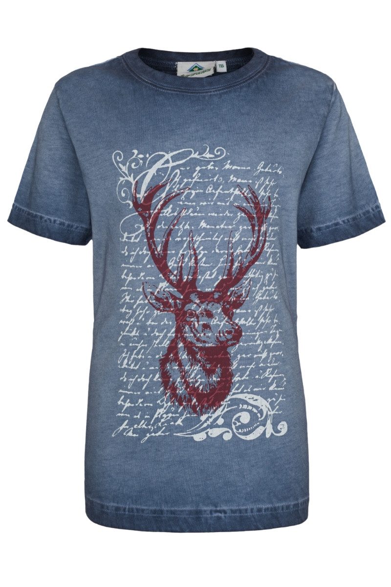 Isar-Trachten Trachtenhemd Trachtenshirt Kind - STOLZER HIRSCH - jeansblau