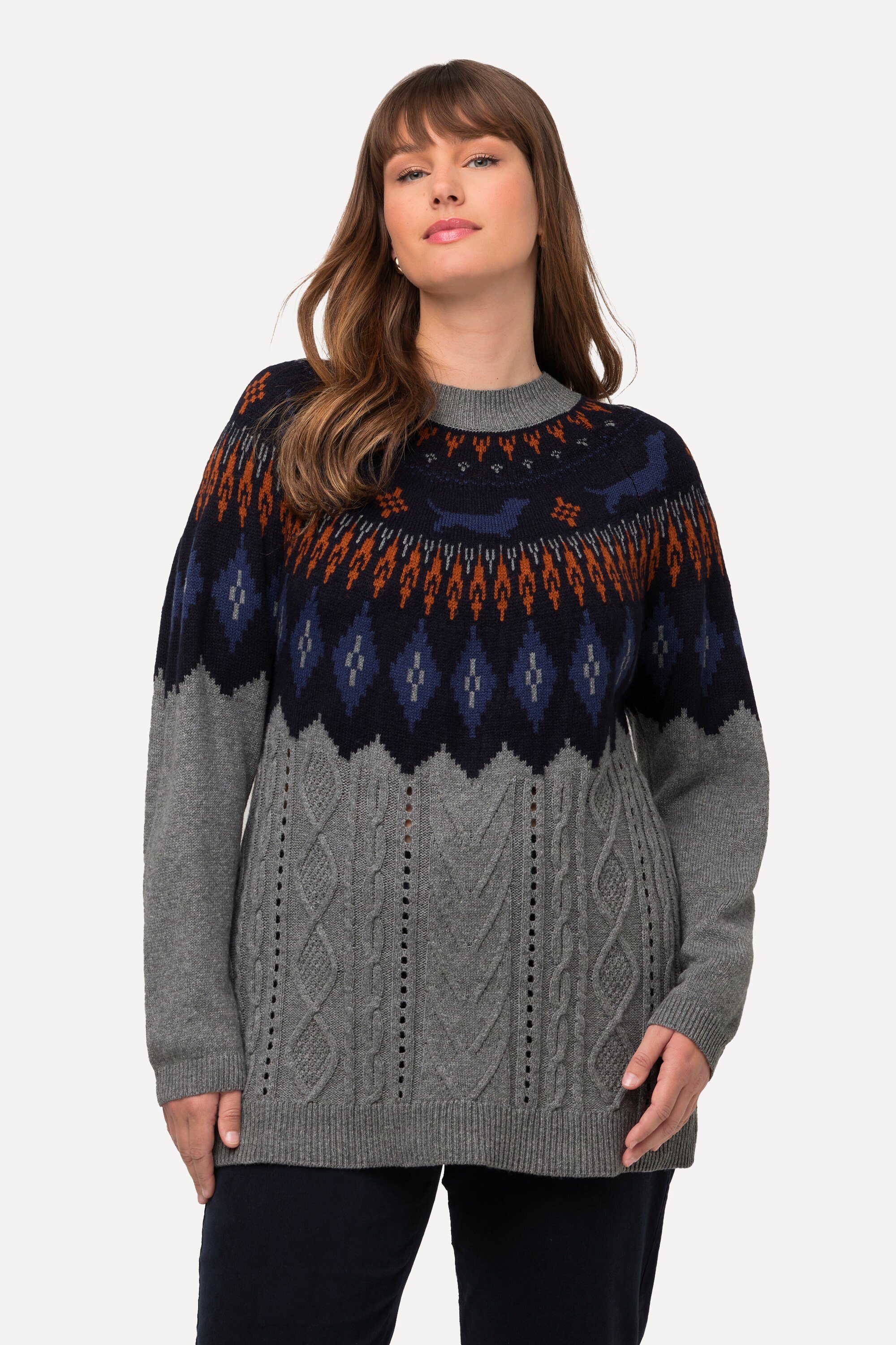 Ulla Norweger-Pullover Popken Strickpullover Langarm Rundhals Zopfmuster