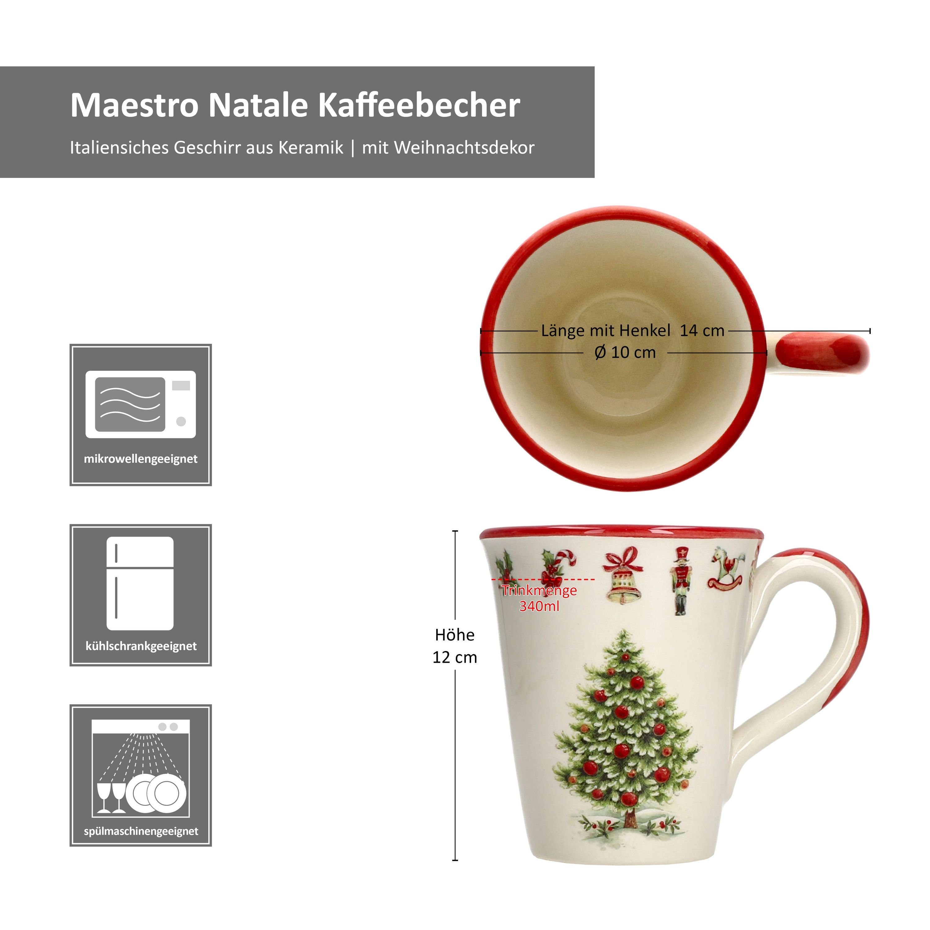 Maestro 4x MamboCat Tassen Glühwein Becher Tee, Natale 340ml Keramik Kaffeebecher