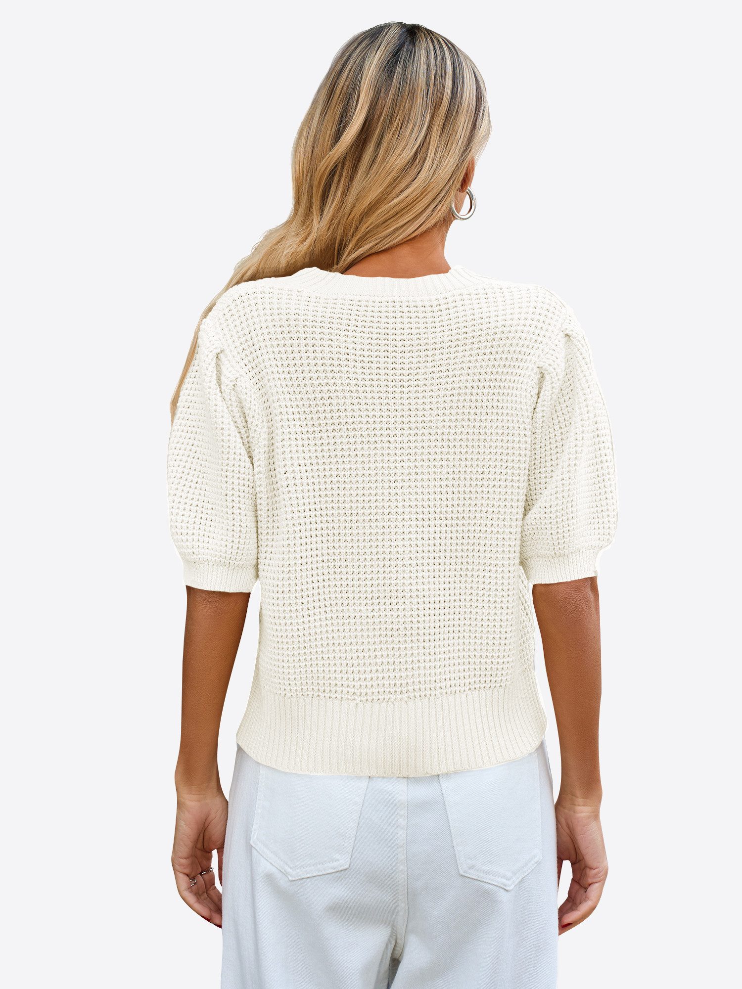 Imily Bela Kurzarmpullover Damen Waffelstrickpullover mit Puffärmeln (Packung, 1-tlg., 1per-Pack) mit V-Ausschnitt