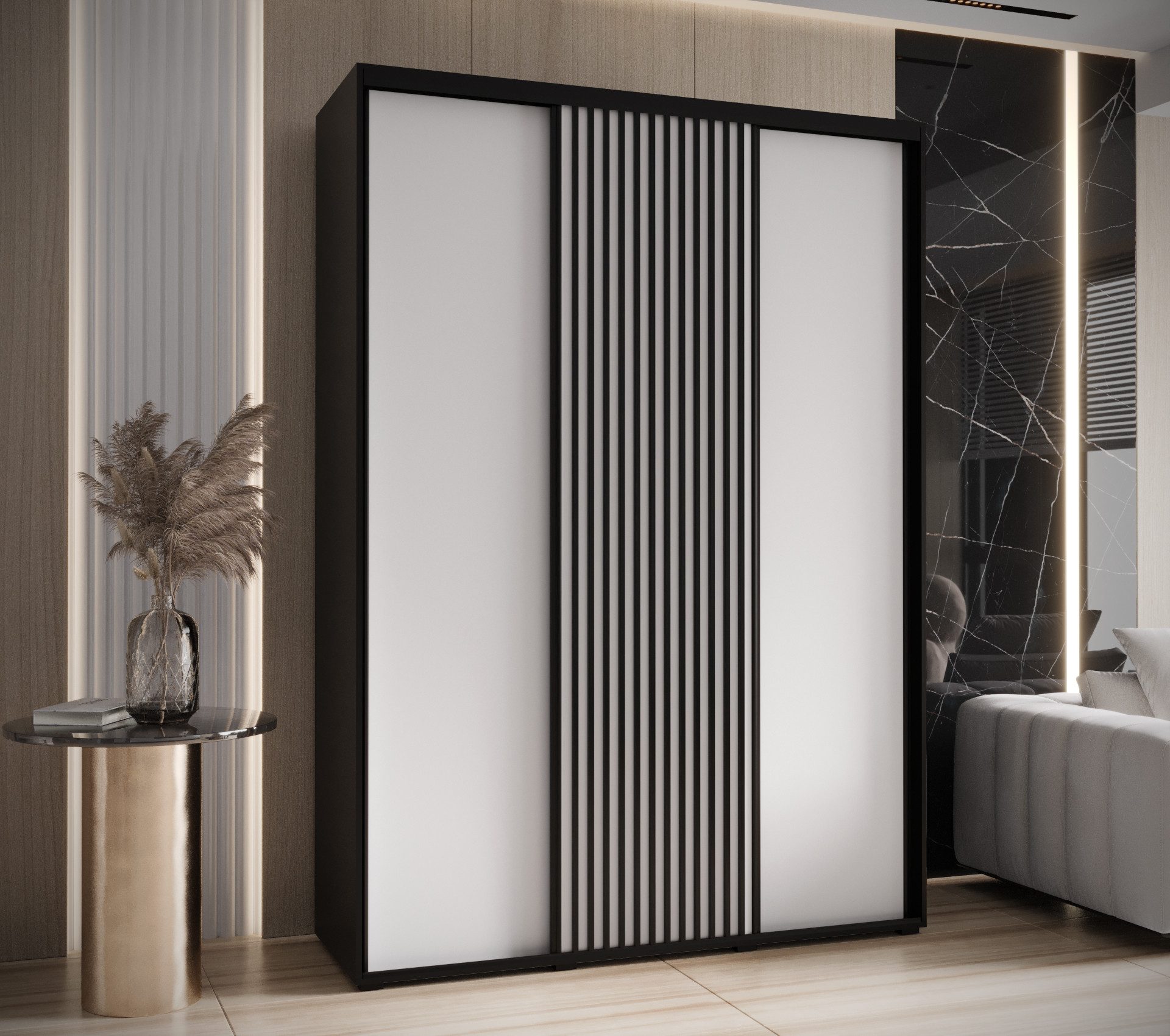 MOEBLO Schiebetürenschrank RILLO (Wohnzimmerschrank, Schwebetürenschrank 2-türig Schrank Garderobe Schiebtüren Schlafzimmer) Lamellen