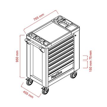 Mephisto-Tools Werkstattwagen, (fertig montiert und bestückt), 8 abschließbare Schubladen, je Schublade belastbar bis je 35 kg, 2 Schlüssel inkl., kugelgelagerte Rollen mit Gummierter Beschichtung, Werkzeug ist aus hochwertigem Chrom Vanadium Stahl, 1 seitliches Fach mit Ablage und separat abschließbarer Tür