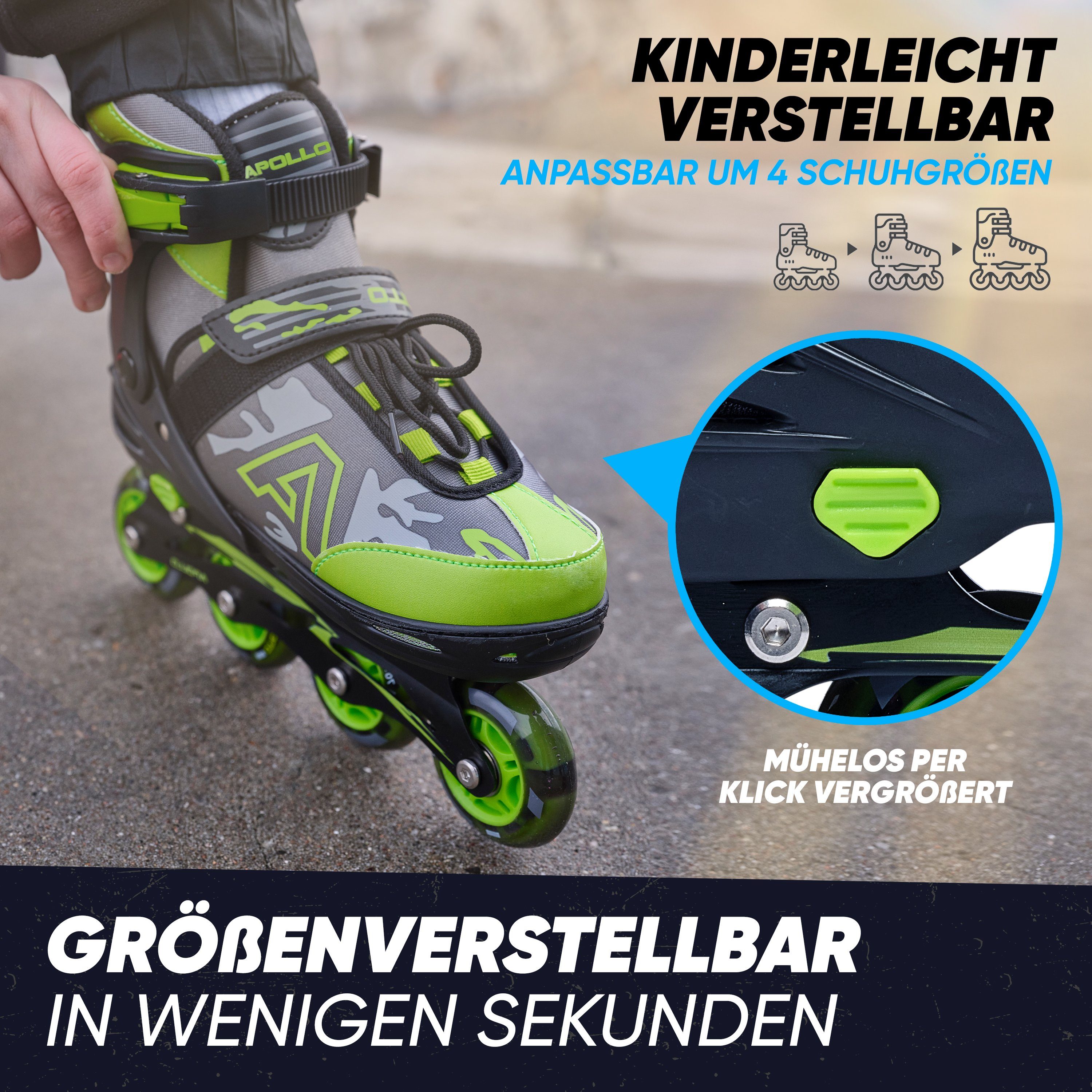 Apollo Inlineskates Champion Verstellbare Inlineskates für Kinder und Erwachsene, Größe 31-42, mit LED Rollen