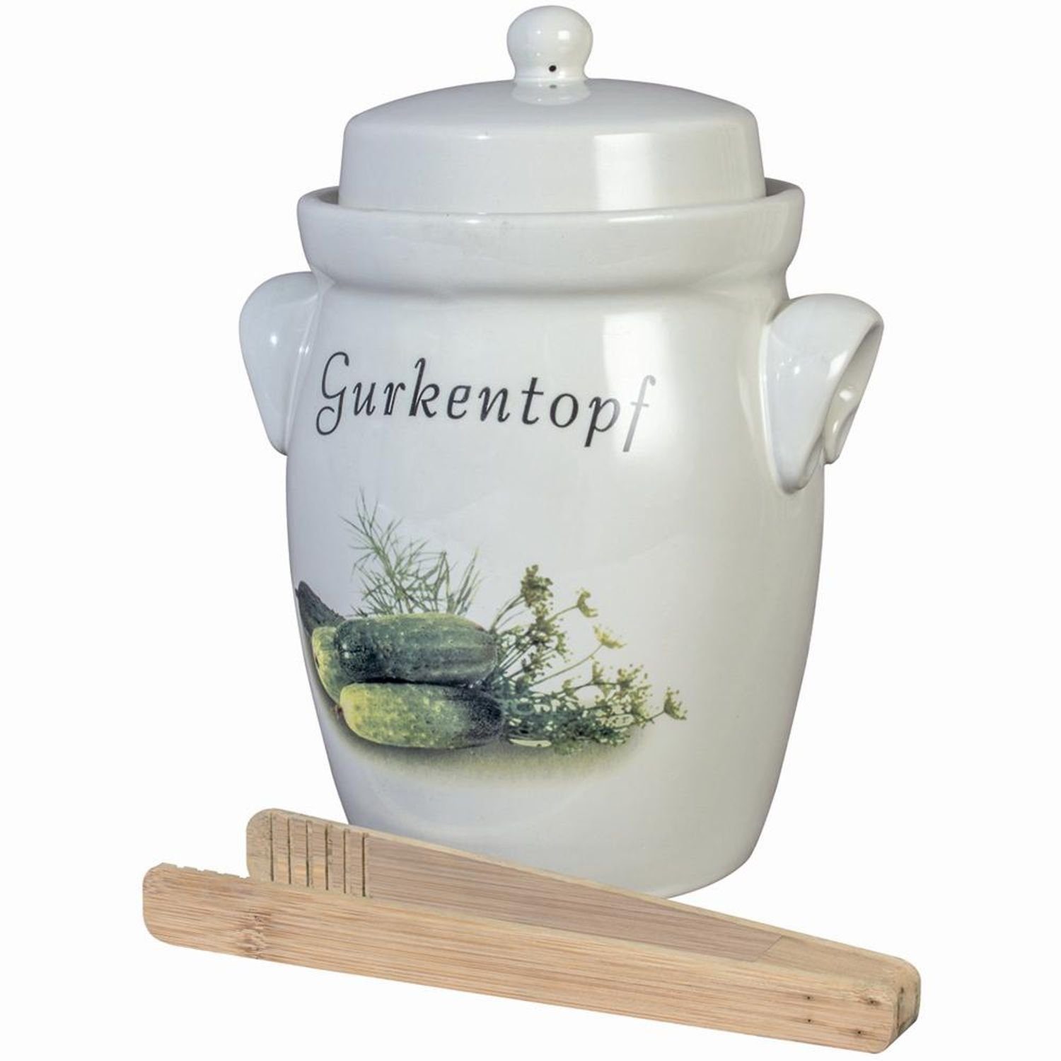Steinzeug-Schmitt Gärtopf Gurkentopf Keramik 5,0 l, creme mit Holzzange, Keramik