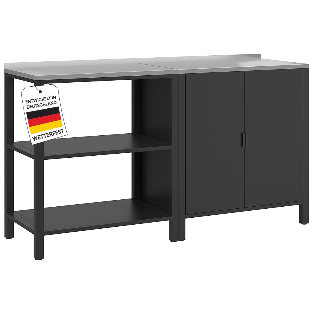 STEELSØN Geräteschrank Metallregal & Metallkommode mit Edelstahl Arbeitsplatte Set Metallregal & Metallkommode mit Arbeitsplatte und Ablagefächern