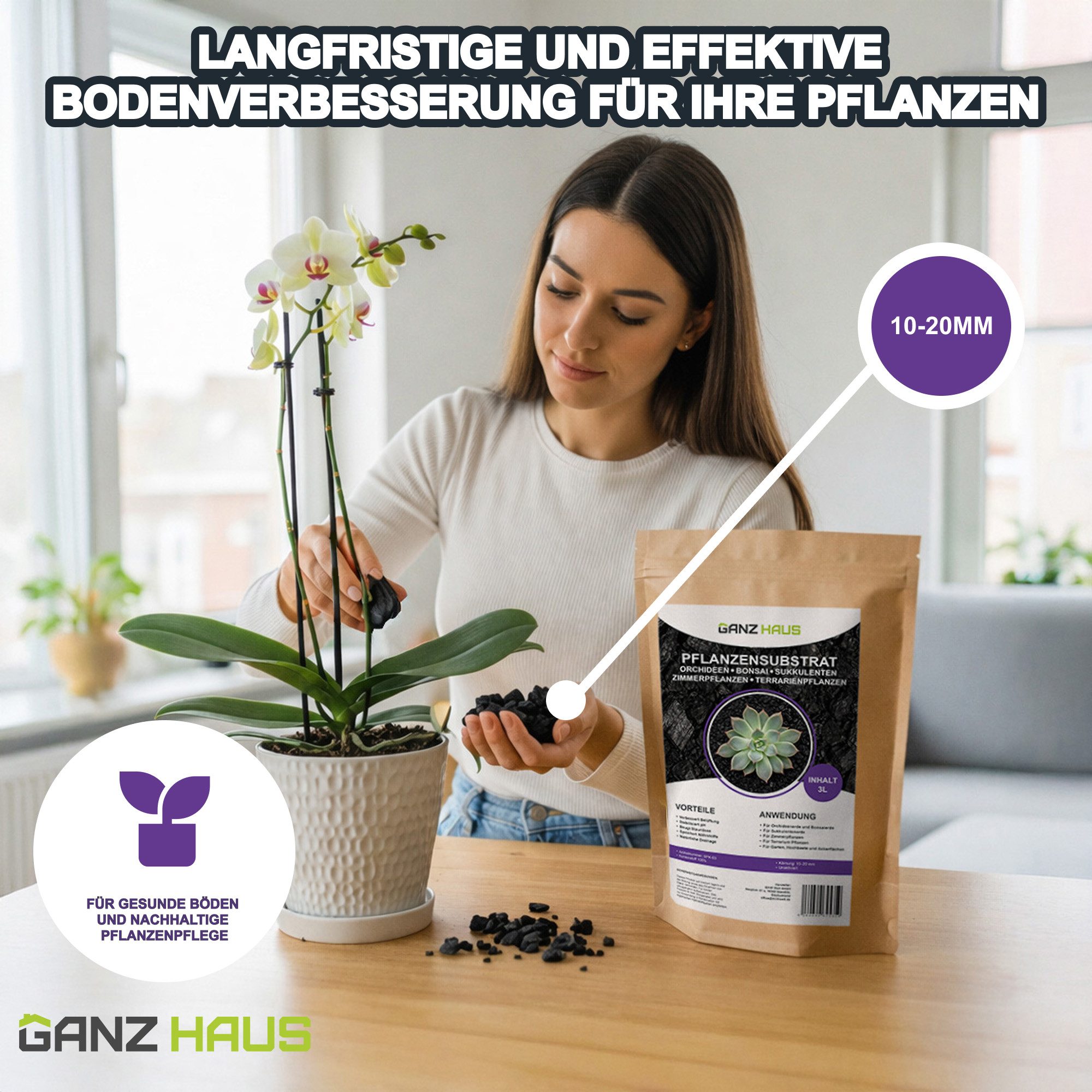 GanzHaus Pflanzgranulat Orchideensubstrat Bodenaktivator Charcoal Substrat Drainage Kohle, mit Pflanzenkohle Substrat, Aktivkohle für Orchideenerde Sukkulentenerde Bonsaierde Zimmerpflanzen