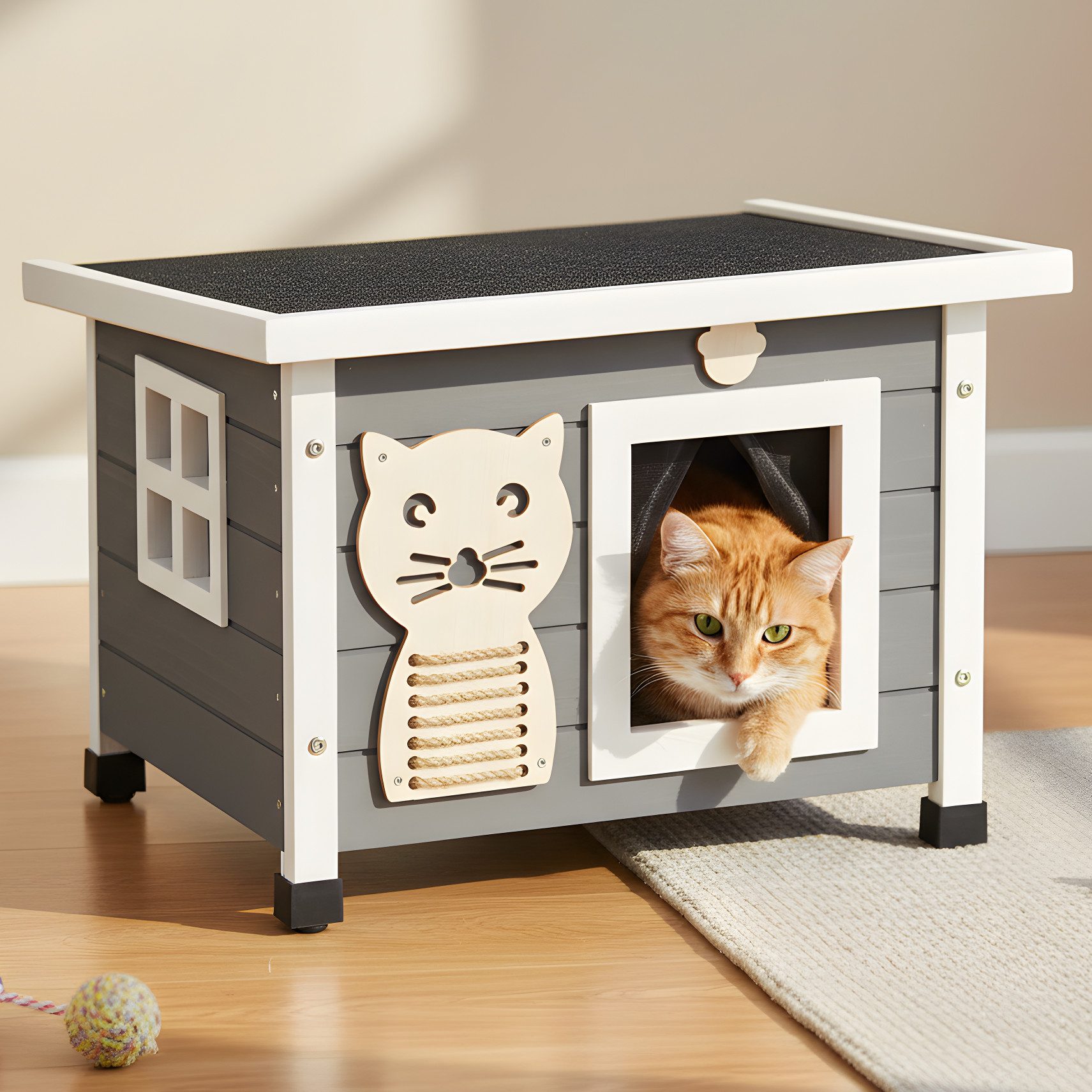 Zooprinz Tierhaus Katzenhaus Winterfest Indoor Outdoor mit Plüschmaus, Massivholz, klappbares Bitumendach, wetterfest, made in Europe