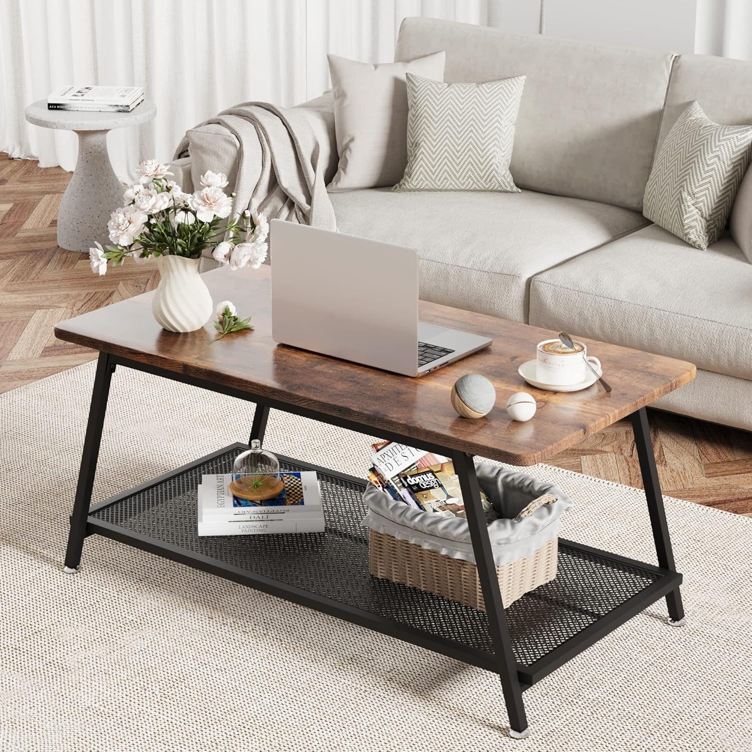 GarveeMore Couchtisch Industrieller brauner Mitteltisch, 2-stöckig, günstig online kaufen