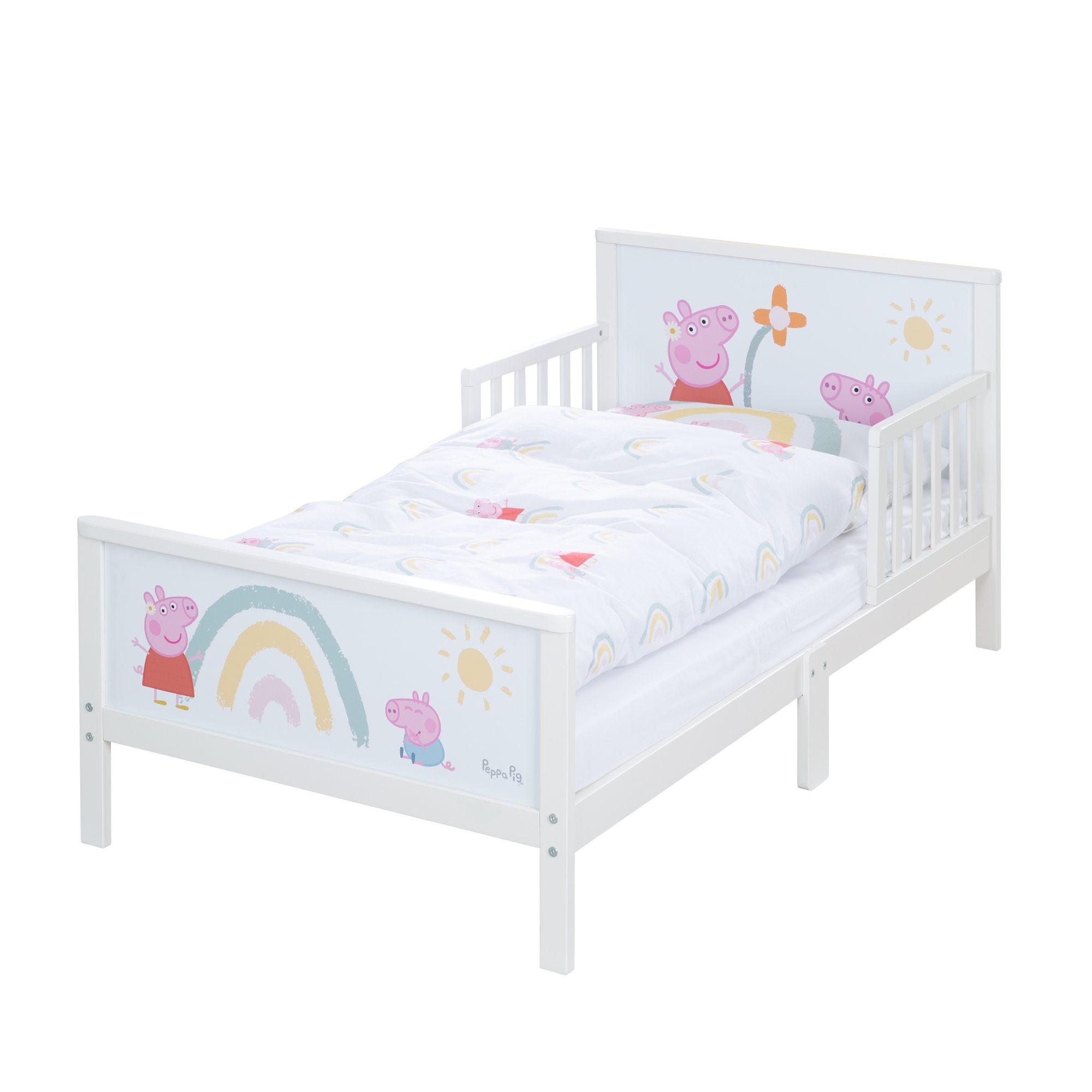 roba® Kinderbett Peppa Pig, Themenbett inkl. Bettwäsche & Lattenrost, Montessori Kleinkinderbett aus Holz - Weiß / Rosa