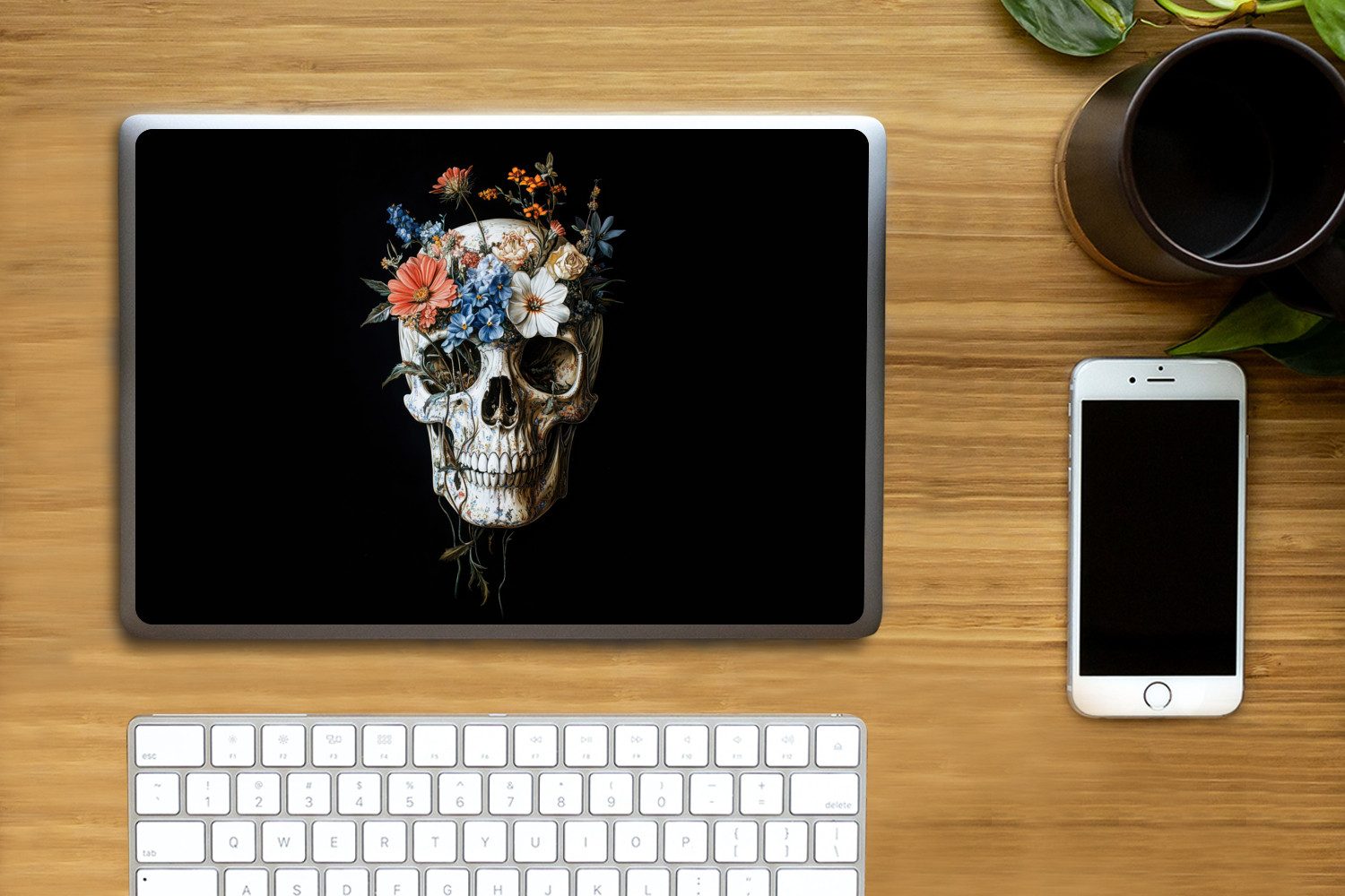 MuchoWow Laptop-Aufkleber Blumen - Totenkopf - Farbenfroh, (1tlg), Laptop Folien Cover, Aufkleber, Sticker, Schutz vor Kratzern, 25x18 cm