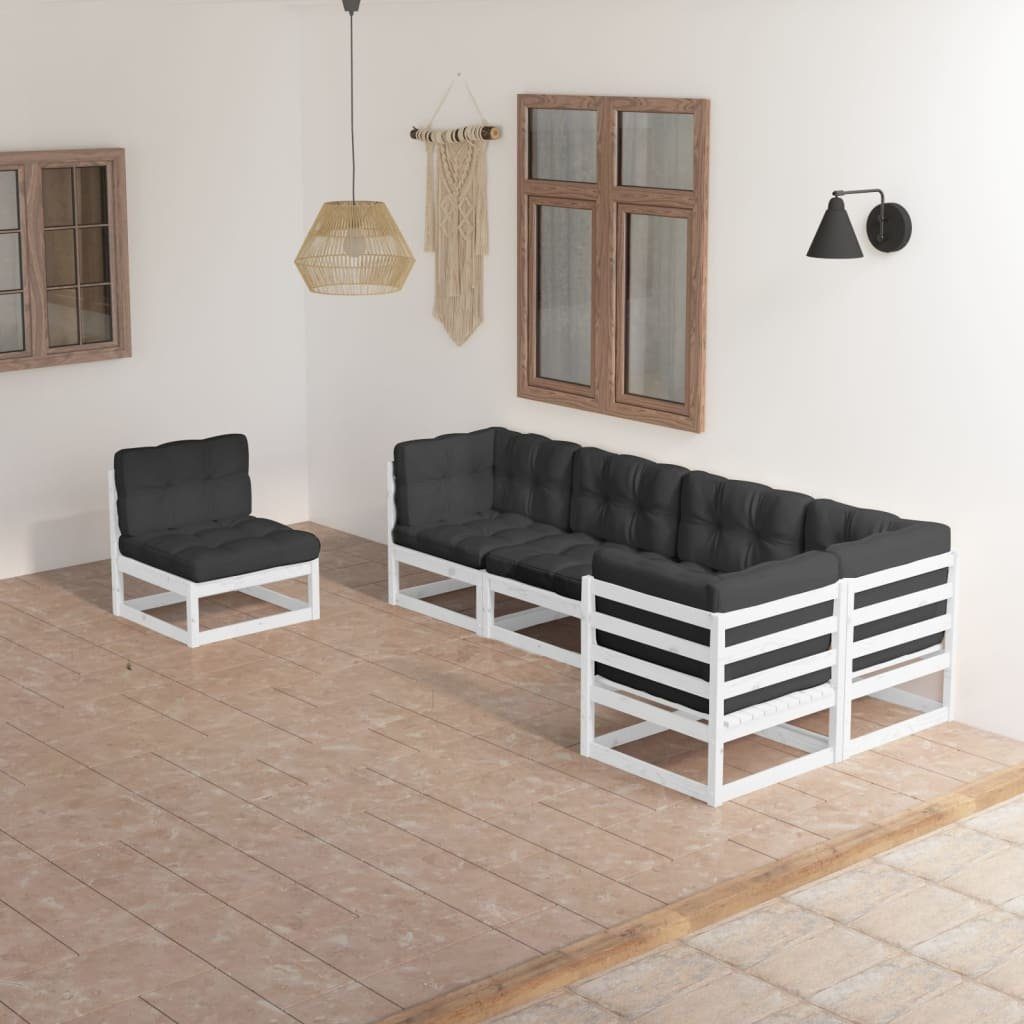 vidaXL Gartenlounge-Set 6-tlg. Garten-Lounge-Set (1-tlg) mit Kiefer Massivholz, Weiß Kissen