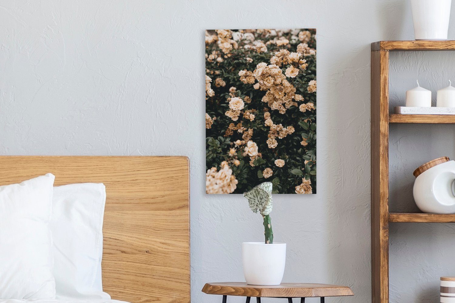 OneMillionCanvasses® Weiß, Leinwandbild St), - Leinwandbild inkl. Zackenaufhänger, bespannt (1 fertig cm - Gemälde, Braun 20x30 - Rosenstrauch Blumen