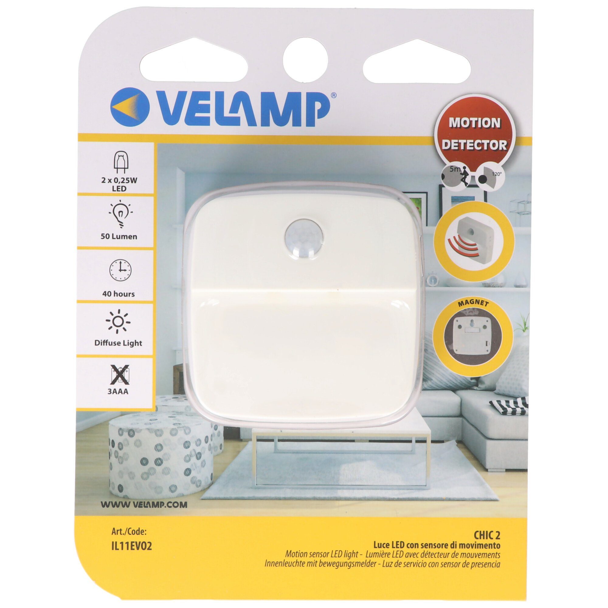 Velamp LED Velamp 2 LED Scheinwerfer CHIC2 Leuchte mit Bewegungsmelder für Batterien,