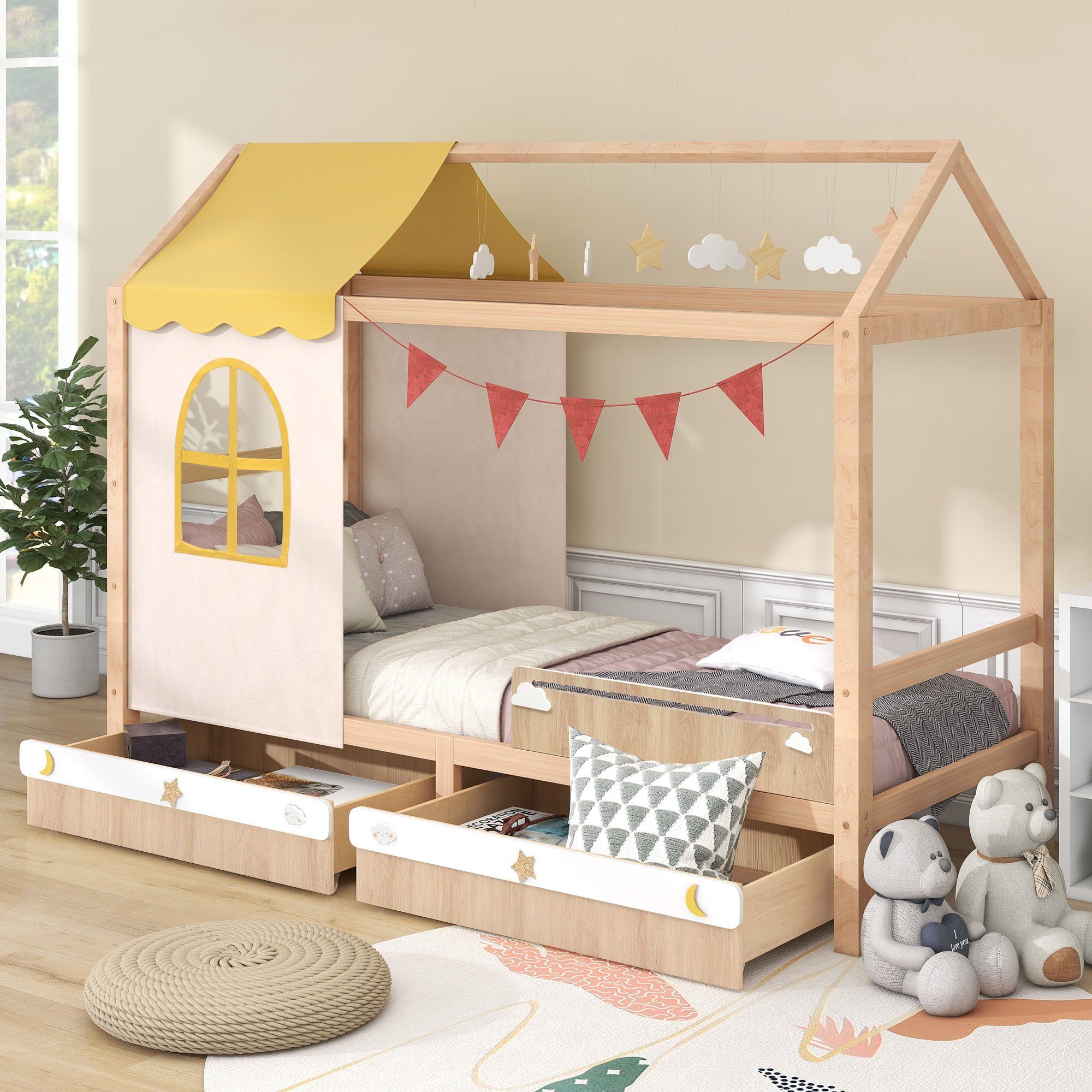 Flieks Kinderbett, Hausbett mit Dekoration und 2 Schubladen Kiefer 90x200cm | Jugendbetten