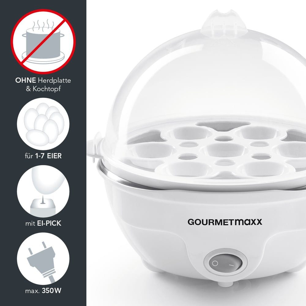 GOURMETmaxx Eierkocher Eierkocher Für 7 Frühstückseier, 350 W, Eierkocher einfach ohne Herd, regulierbarer Härtegrad durch Wasser