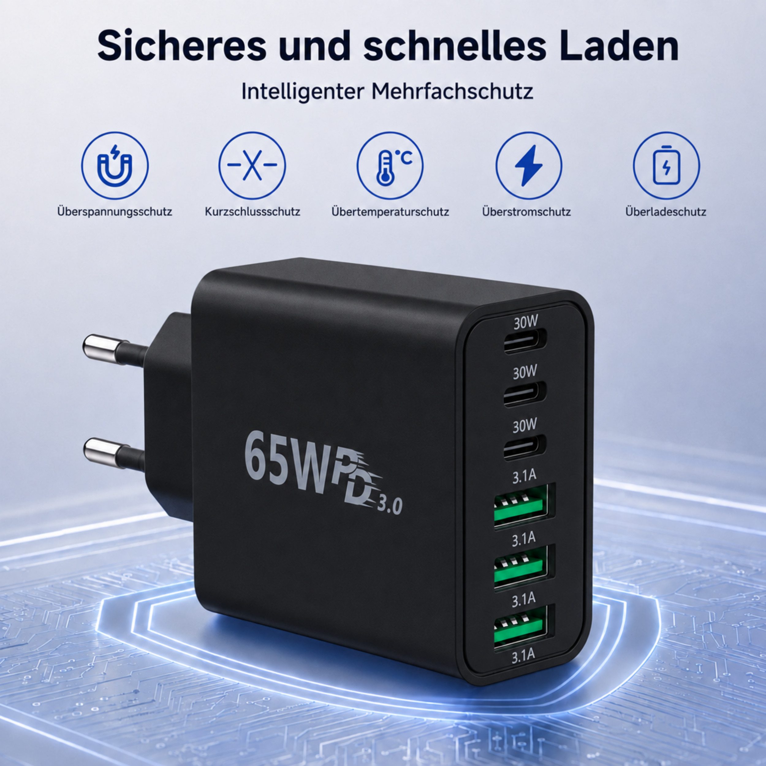 PlugUp 65W Ladegerät 6-Port 30W Schnellladeadapter mit USB-C Ladekabel USB-Ladegerät (3100 mA, Set, Inkl. USB-C Ladekabel, Universelles Schnellladegerät mit USB – Bild 5 von 5