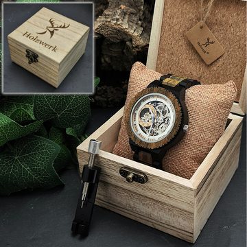 Holzwerk Automatikuhr DANNENBERG Herren Holz Armband Uhr, offene Unruhe, dunkel braun, weiß
