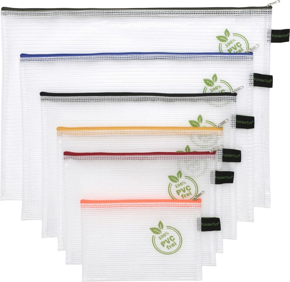 FOLDERSYS Prospekthülle Reißverschluss-Beutel B4-A6 mit Zip PVC-frei farbig sortiert VE=6 Stüc