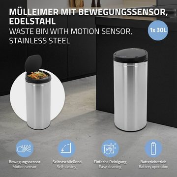 ML-DESIGN Mülleimer Mülleimer mit Sensor aus Edelstahl automatisches Öffnen & Schließen, Müllbehälter Silber 30L Rund mit Bewegungssensor und Led ‎33x33x68cm