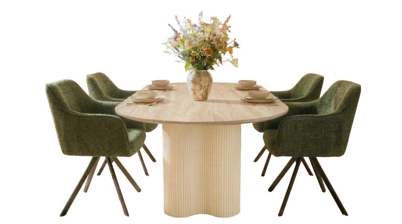 Vintagehaus Essgruppe Bari 180 Travertin Metall + 4 Stühle Raster