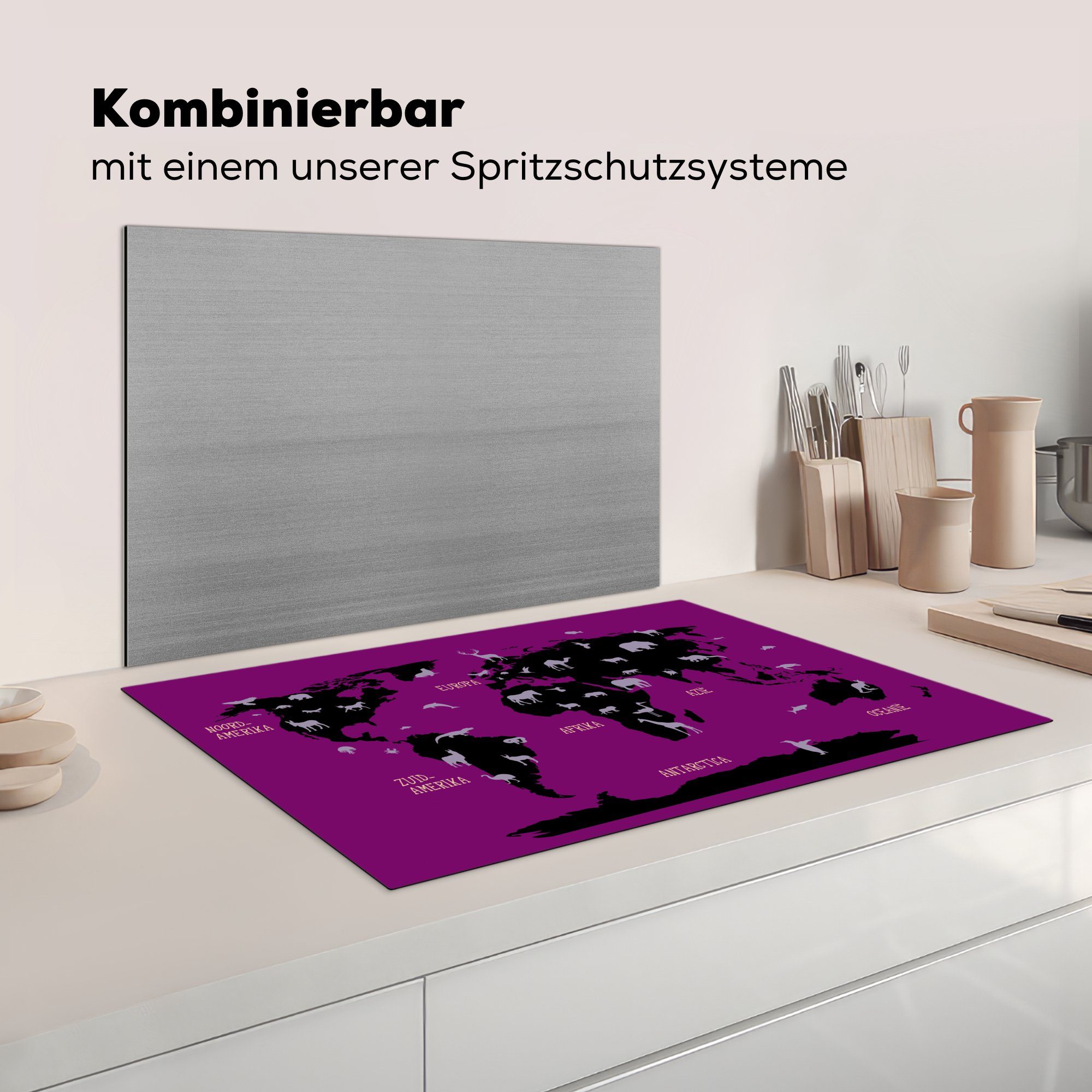 die für Induktionskochfeld Tiere Weltkarte Schutz Ceranfeldabdeckung Mintgrün, küche, (1 cm, Vinyl, - - Herdblende-/Abdeckplatte 81x52 Kinder MuchoWow tlg),