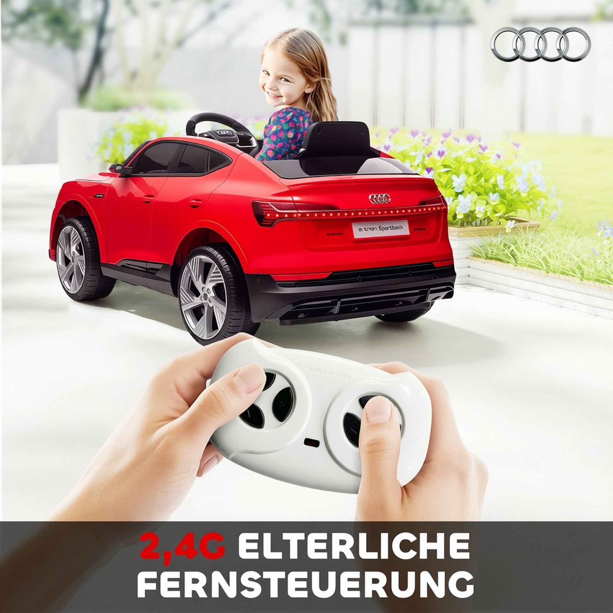 HOMCOM Elektro-Kinderauto 12V Audi E-tron mit Fernbedienung, Musikfunktion, Belastbarkeit 25 kg, (1-tlg), für Außenbereich, Rot – Bild 4 von 5