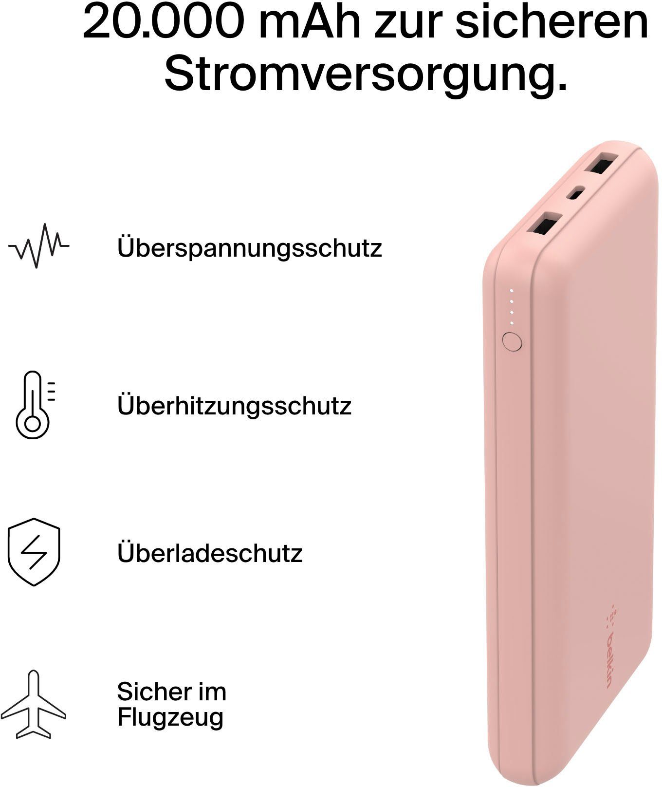 USB-A, Laden Geräten von 3 2x Watt bis 15 BoostCharge 1x zum 20.000mAh Stunden Powerbank zu 78 Belkin Power für Rosa USB-C, Powerbank,