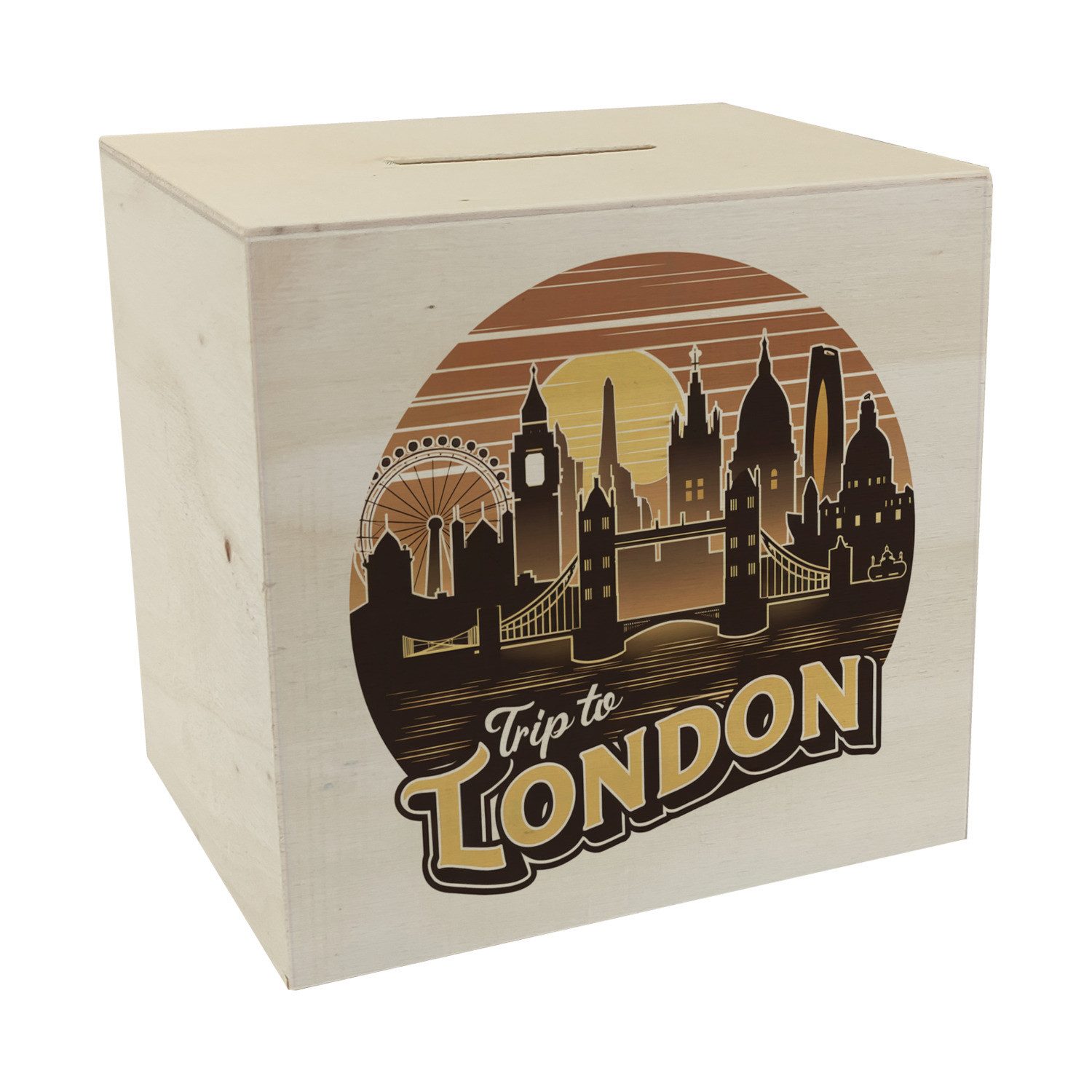 Spardose Trip to London - London Cityscape Spardose aus Holz