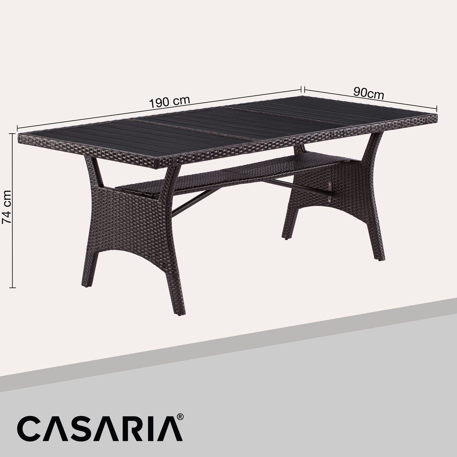 190x90x74cm Ablage Höhenverstellbar Braun Casaria Gartentisch Polyrattan WPC-Tischplatte mit (1-St),