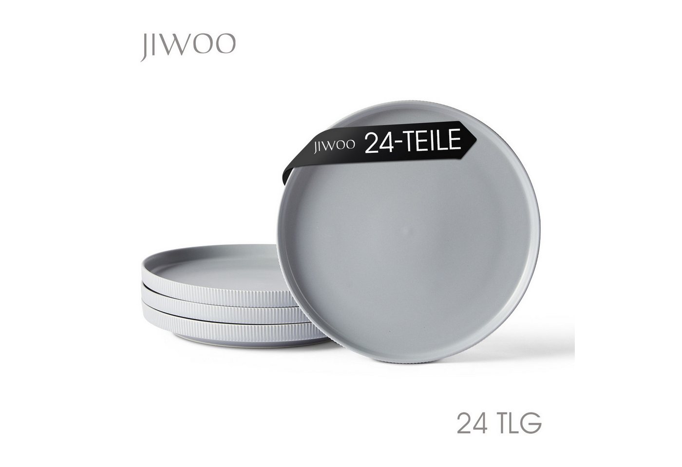 JIWOO Teller 4er Ø27,7cm, Speiseteller Steakteller Dessertteller Brotteller Plate, (24 St), Keramik Hochwertiges Tellerset Grau Mikrowellen spülmaschinenfest