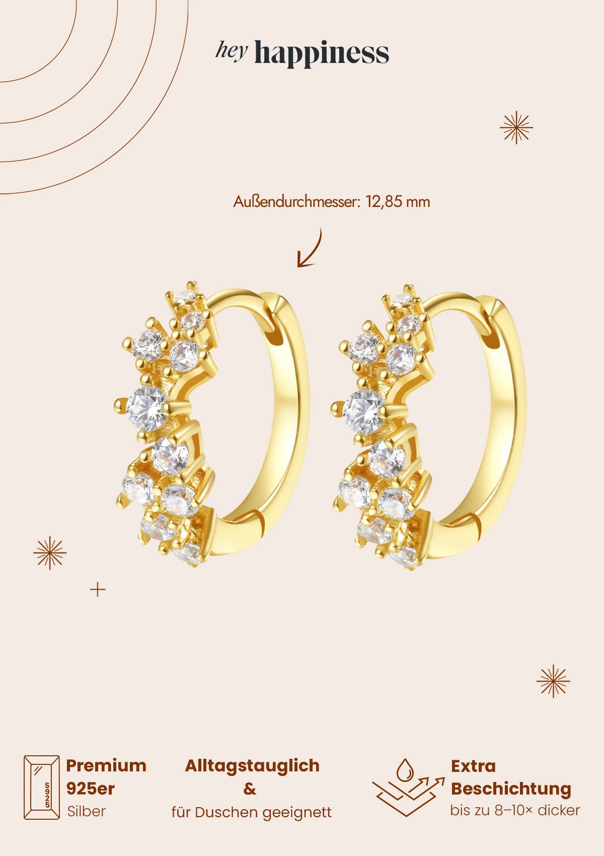 Hey Happiness Paar Creolen Zirkonia Ohrringe, 18K Vergoldetes Silber, Kleine Silber 925er Ohrringe Damen Kristalle, Brautschmuck – Bild 5 von 5
