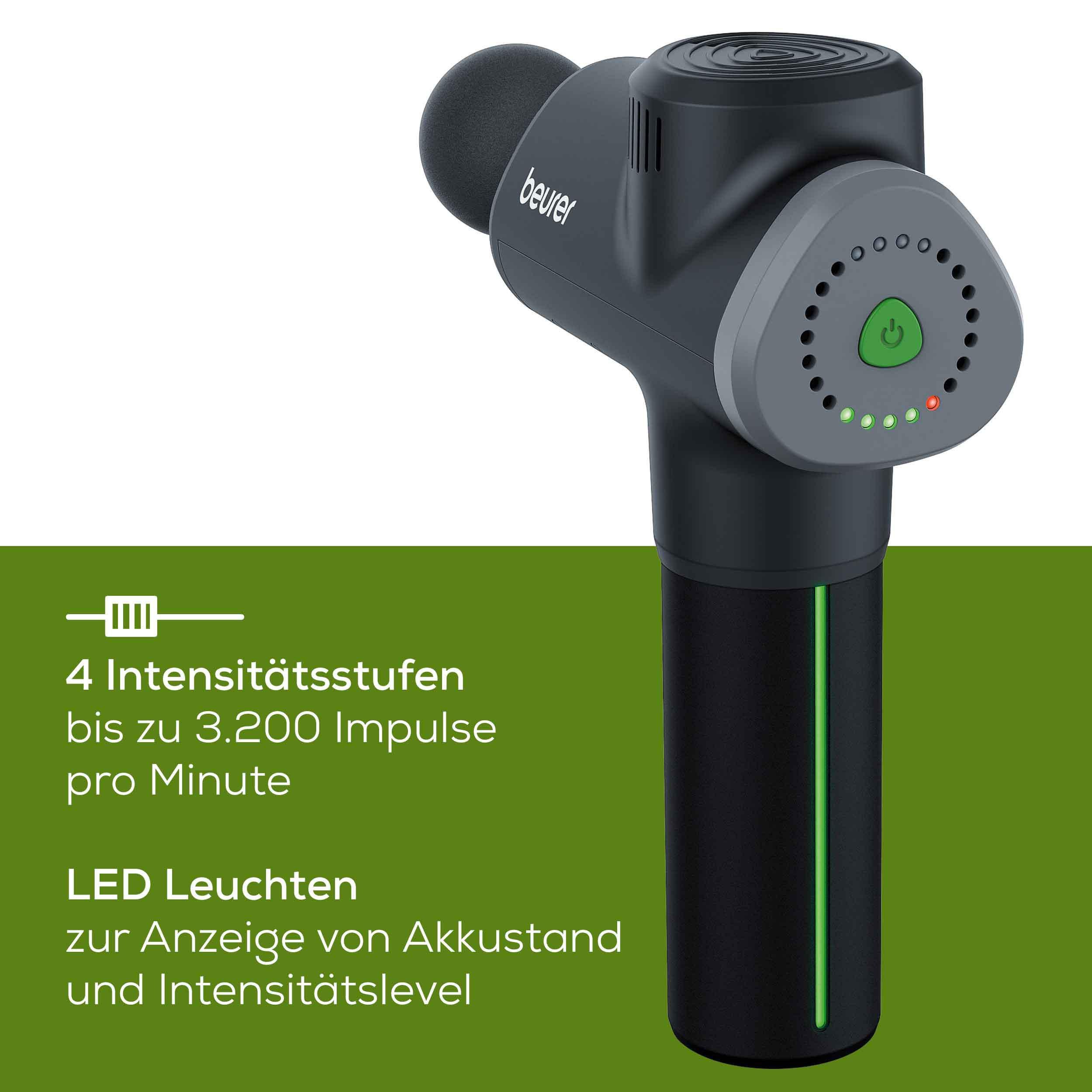 BEURER Massagepistole MG 180 kraftvolles Muskelmassagegerät mit 6 Aufsätzen, Massage-Gun mit 4 Intensitätsstufen, kraftvolle Triggerpunktmassage