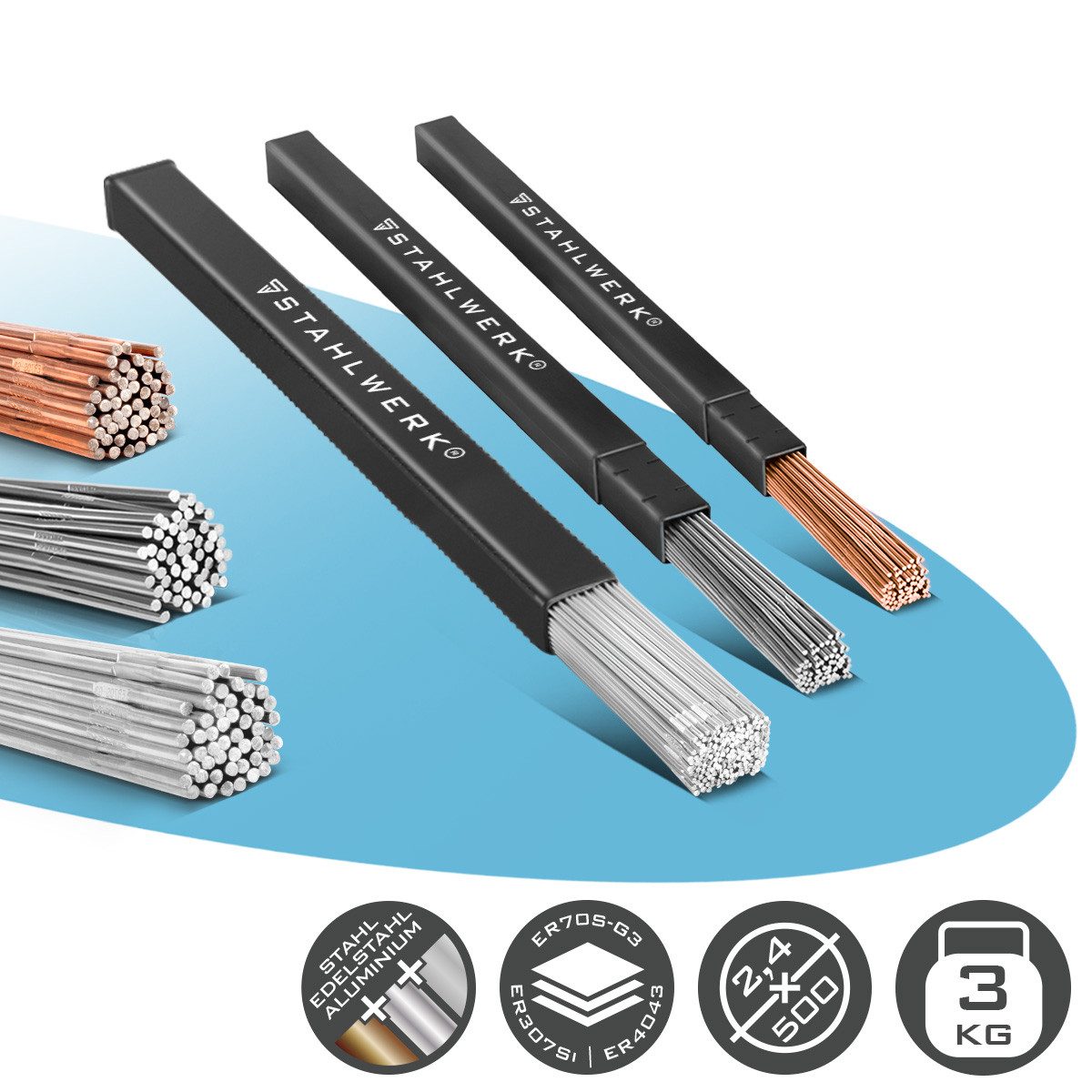 STAHLWERK Stabelektroden 2,4 mm WIG Schweißstäbe Stahl/Edelstahl/Alu je 1kg, (Packung), Länge von 500 mm und einen Durchmesser von 2,5/2,4 mm.