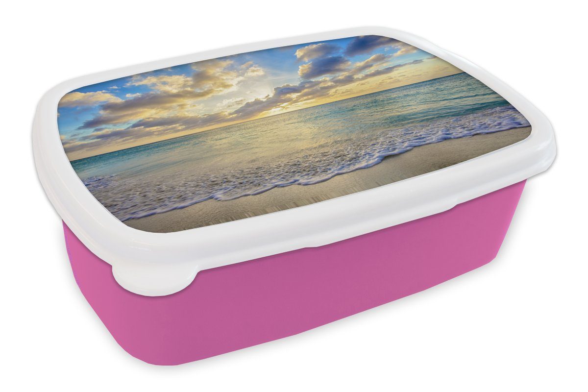 MuchoWow Lunchbox Meer - Strand - Wolken - Sonne, Kunststoff, (2-tlg), Brotbox für Erwachsene, Brotdose Kinder, Snackbox, Mädchen, Kunststoff rosa