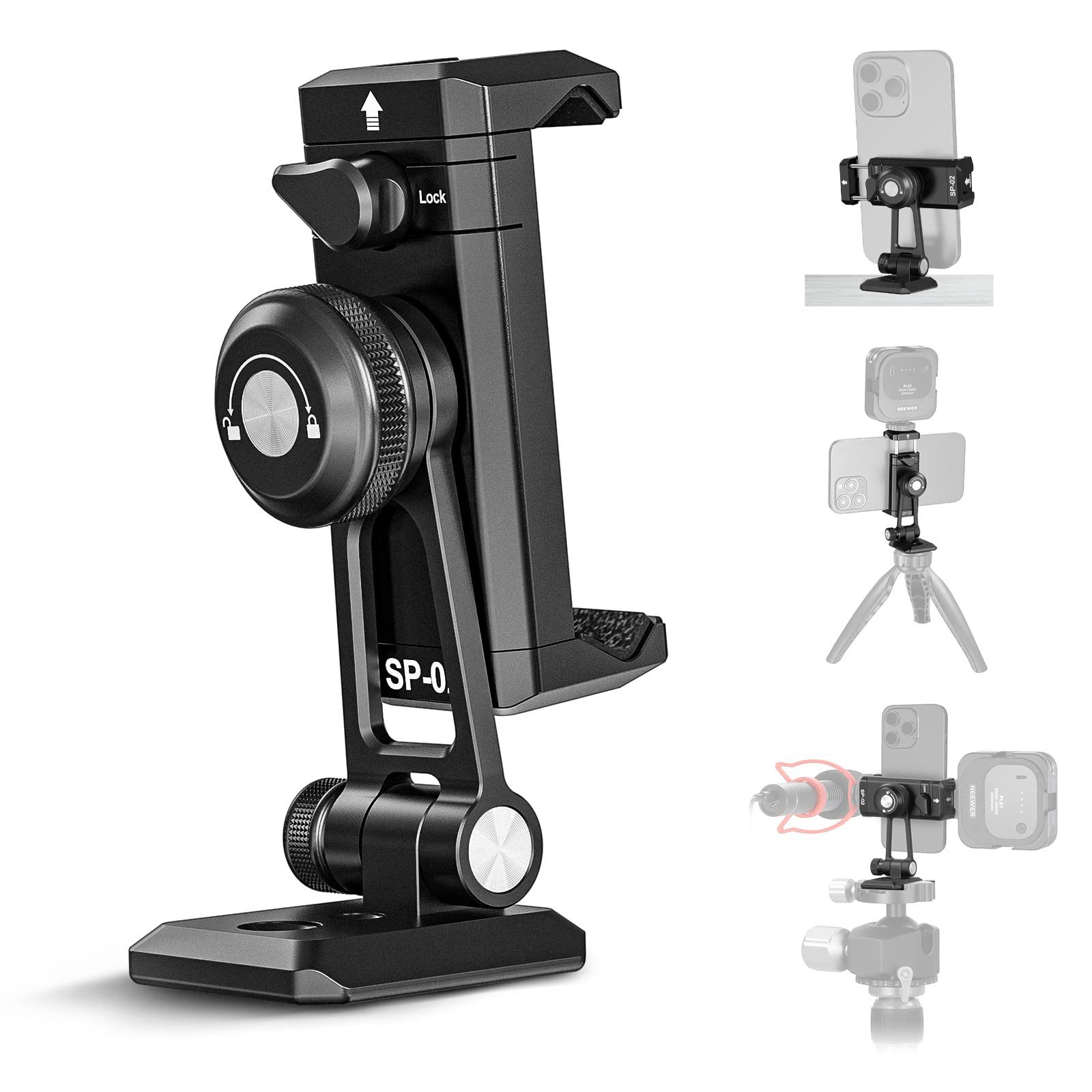 Neewer Handy-Halterung SP-02 Metall Handy Stativ Mount Adapter Halterung, mit Arca Basis, (bis 3.8 Zoll, Packung, 270° Drehung, 2 kalte Schuhe, Telefonhalterklemme für iPhone Samsung)