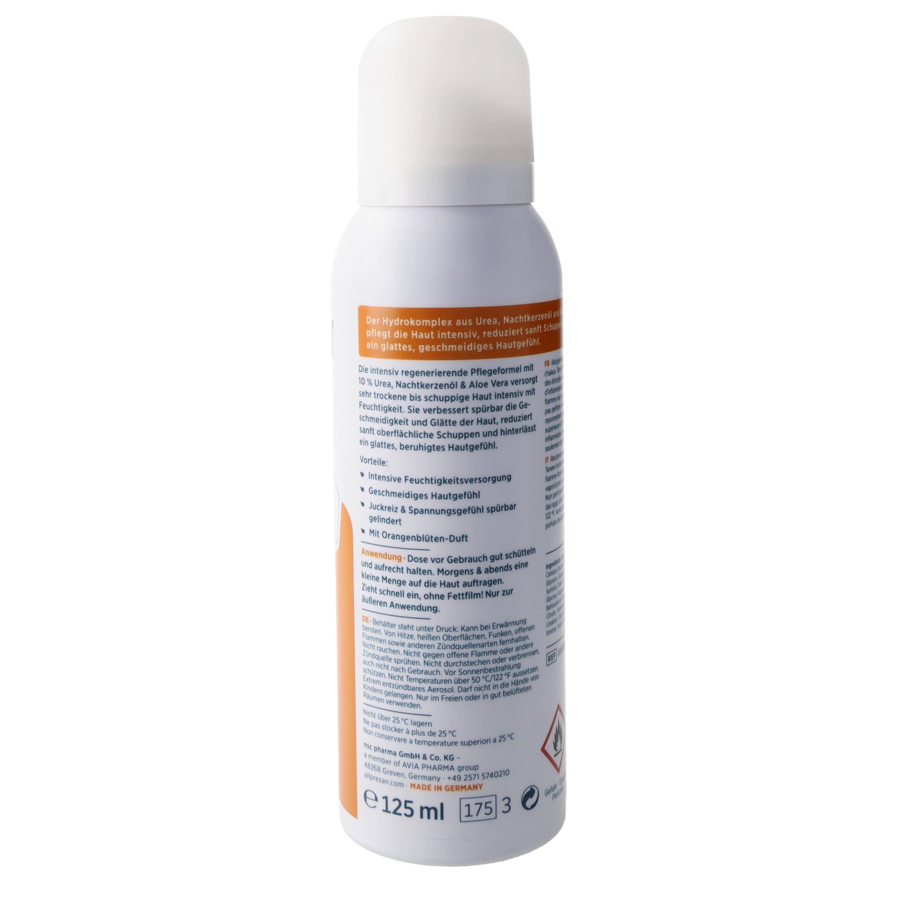 Allpresan Körperschaum Allpresan Körper Schaumcreme Ltd. Edition Orangenblüte 125ml Für trockene, schuppige Haut, 1-tlg., Duftende Pflege mit 10% Urea, wertvollem Nachtkerzenöl & Aloe Vera