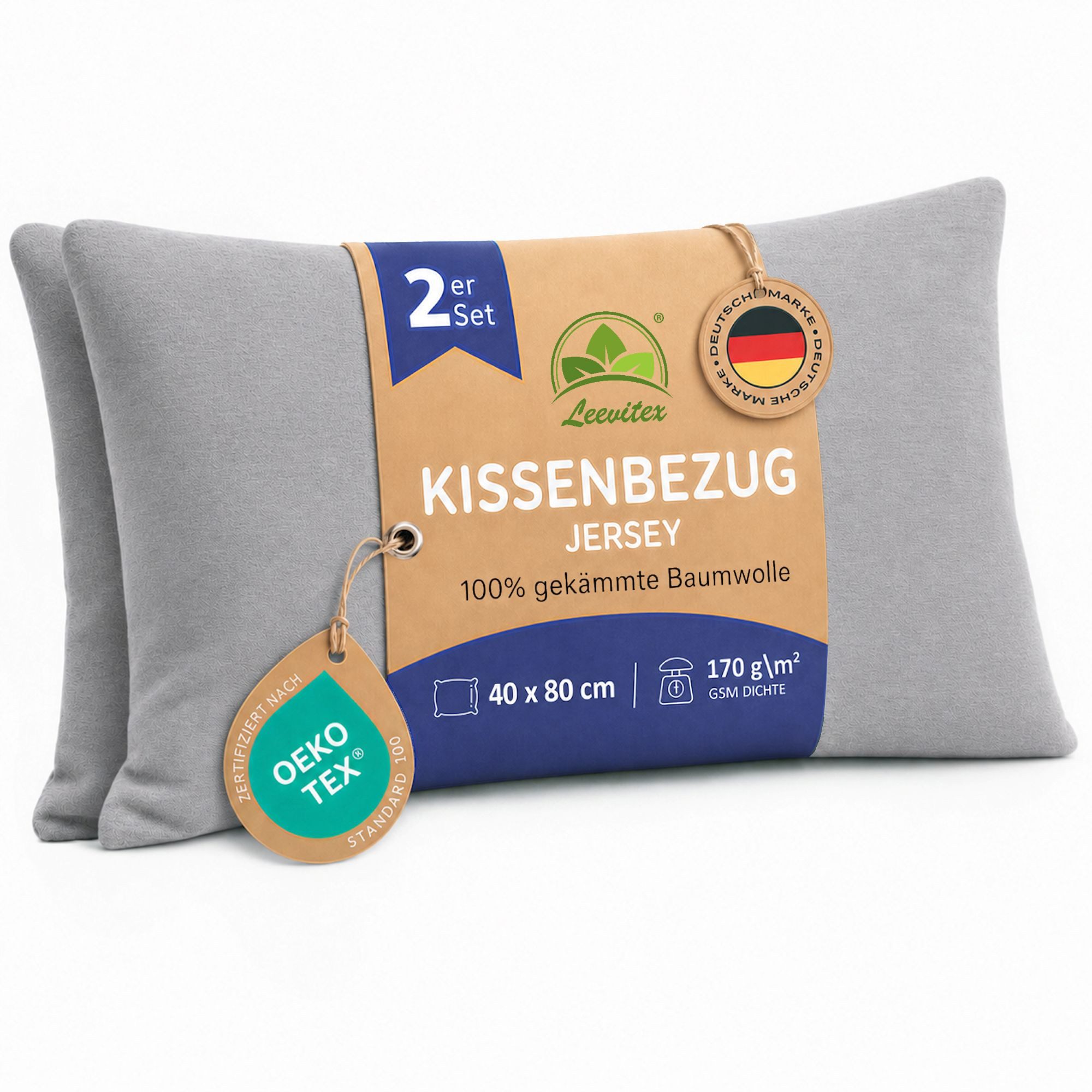 leevitex® Kissenbezüge Kissenbezug 40 x 80 cm, 2er Set, Grau, (2 Stück), feine Jersey-Qualität, 100% Baumwolle, robuster Reißverschluss