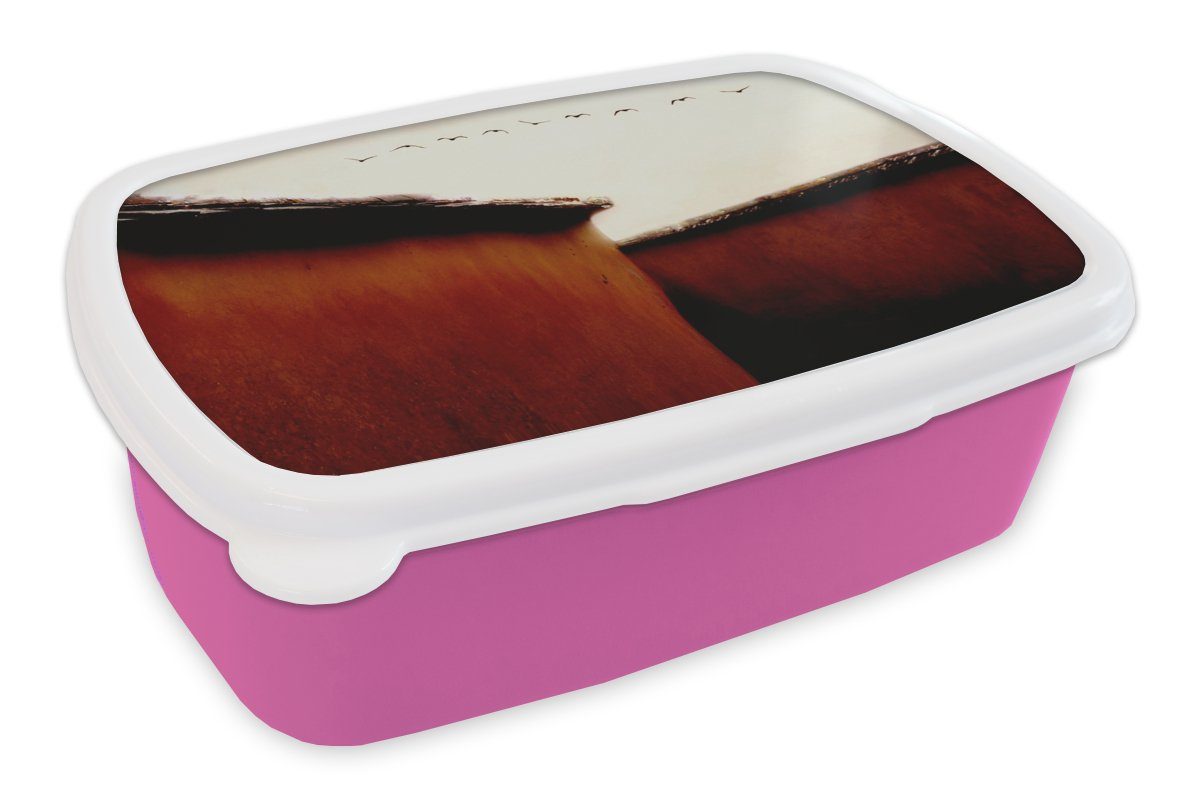 MuchoWow Lunchbox Tiere - Vögel - Häuser - Rot, Kunststoff, (2-tlg), Brotbox für Erwachsene, Brotdose Kinder, Snackbox, Mädchen, Kunststoff rosa