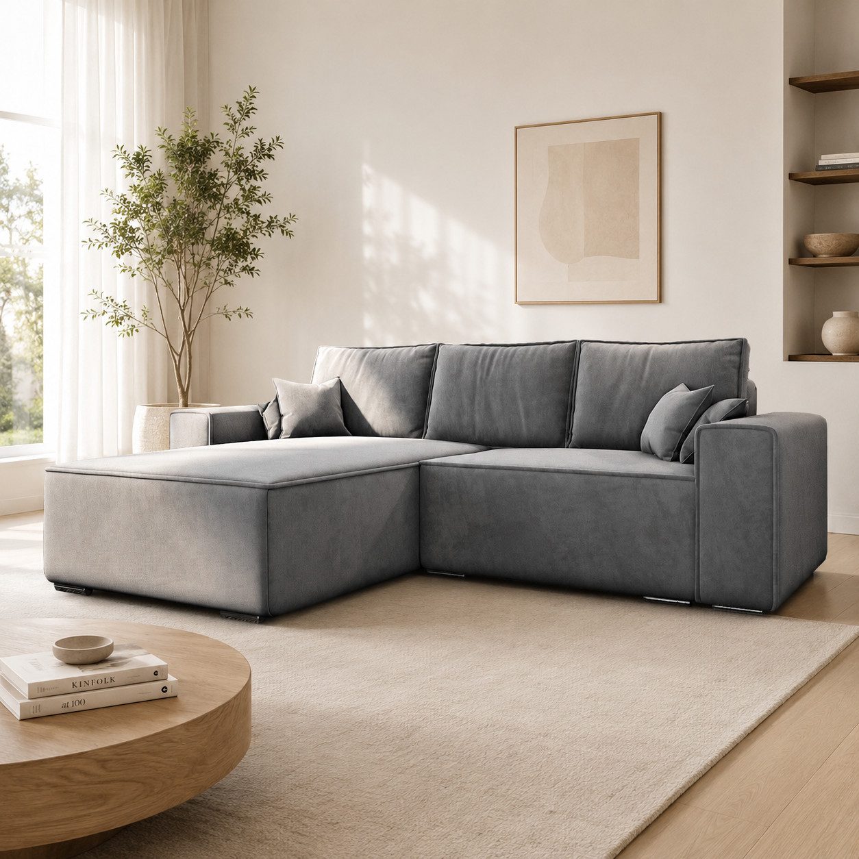 Goldstoff Ecksofa Oslo mit Schlaffunktion, L-Form mit Bettkasten und Federkern, Eckcouch, Chrombeine,Schlaffunktion,Federkern