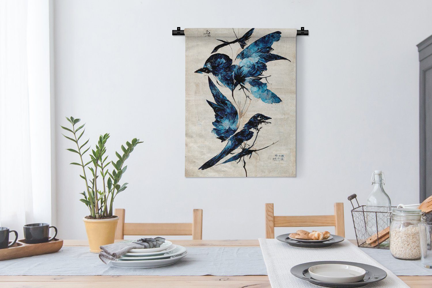 Deko Vintage, Wand, Vögel Wanddekoobjekt - Wohnzimmer, Blau Tiere MuchoWow der - - für an Schlafzimmer Tapisserie,