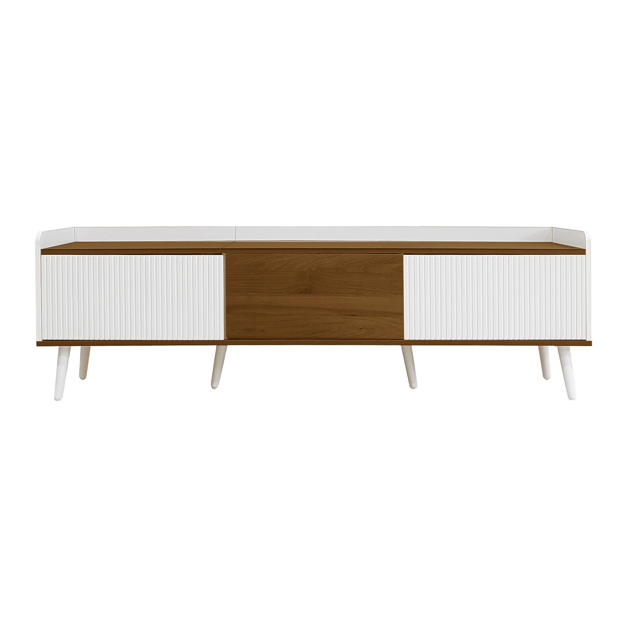 Yorbay TV-Schrank dreitüriger Unterschrank Natur Holzfinish, für Fernsehen bis 70 Zoll Klassik TV Ständer mit 6 Füße, Großer Strauruam, 160x39x50cm
