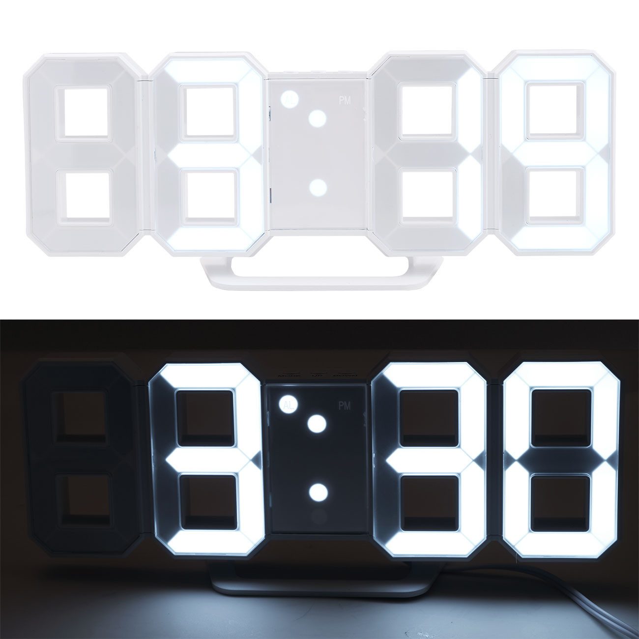 Casativo Wanduhr 3D LED Digitaluhr 7-Segment 21,5 cm Weiß Tisch- & Wanduhr mit Wecker (mit Schlummerfunktion, Nachtmodus & USB-Anschluss, Aufstellbar)