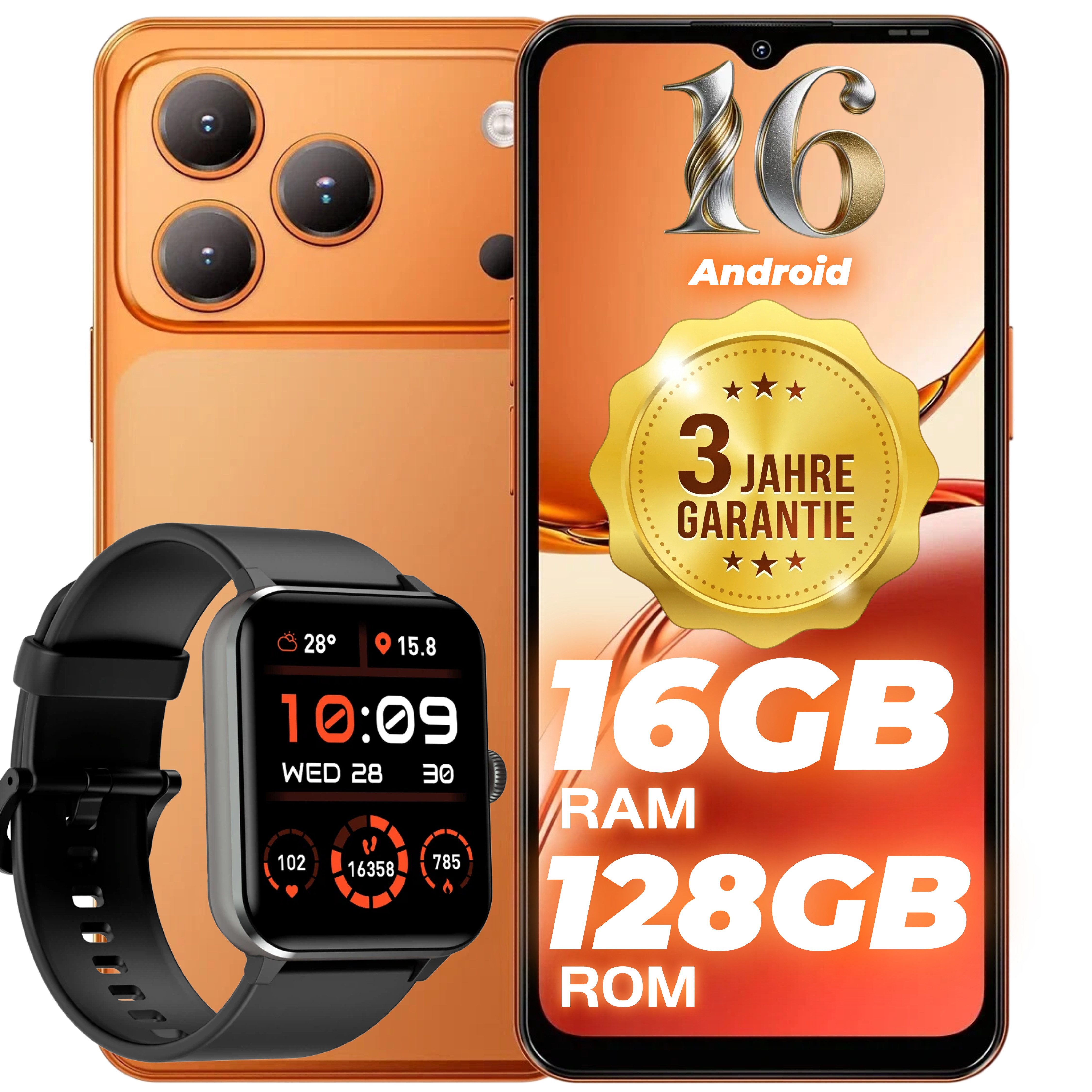 blackview WAVE 6.56 Zoll 128GB Handy incl. R50-Uhr Android 16 Smartphone (6,56 Zoll, 128 GB Speicherplatz, 32 MP Kamera, 5000mAh Simlockfreie Handy, 32MP+13MP KI Kamera, 4G Dual SIM/Face ID)